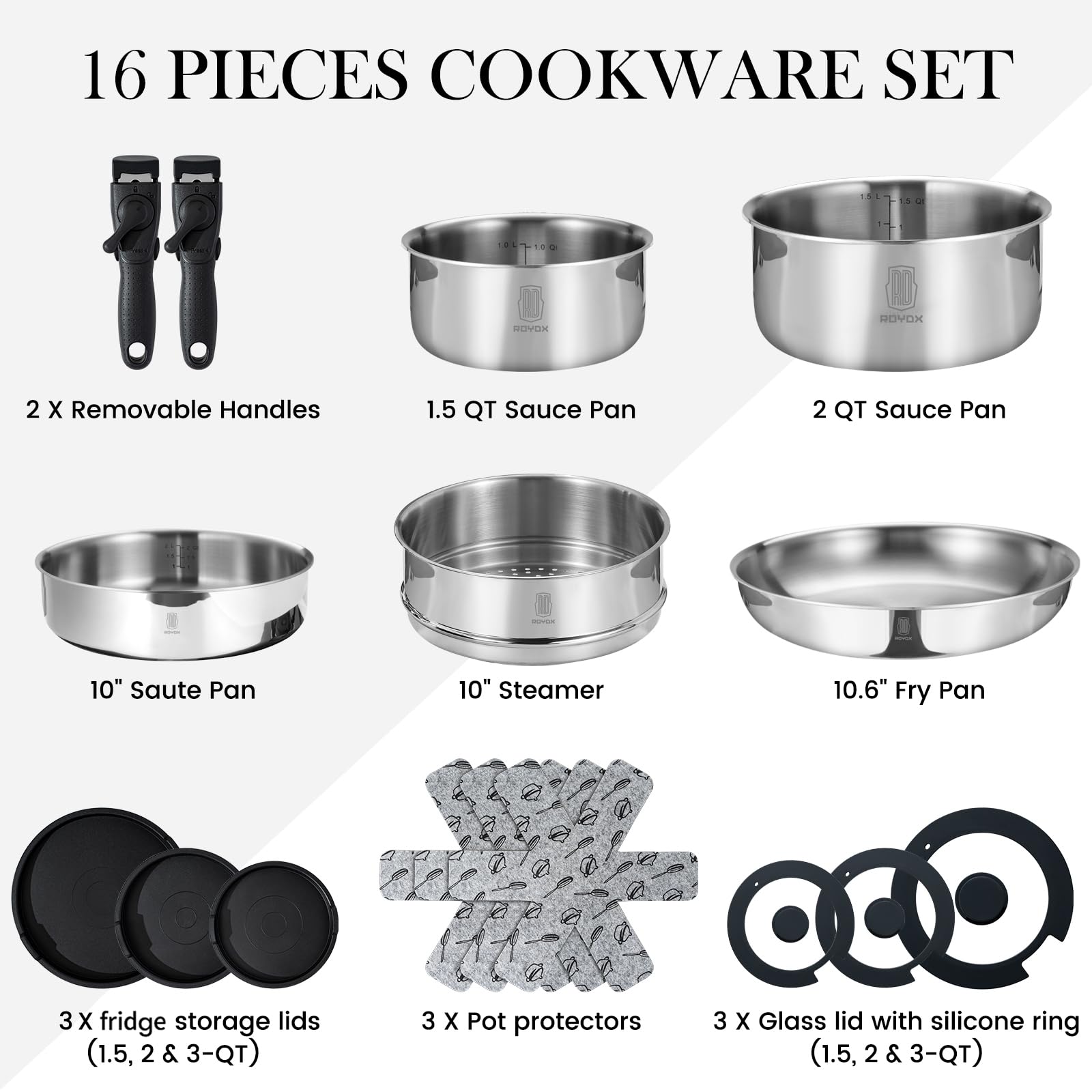 ROYDX 3-Ply Pots and Pans Set,18/10 Stainless Steel Cookware Set with Detachable Handles,PFOA Free, Frying Pan,Saucepans with Li