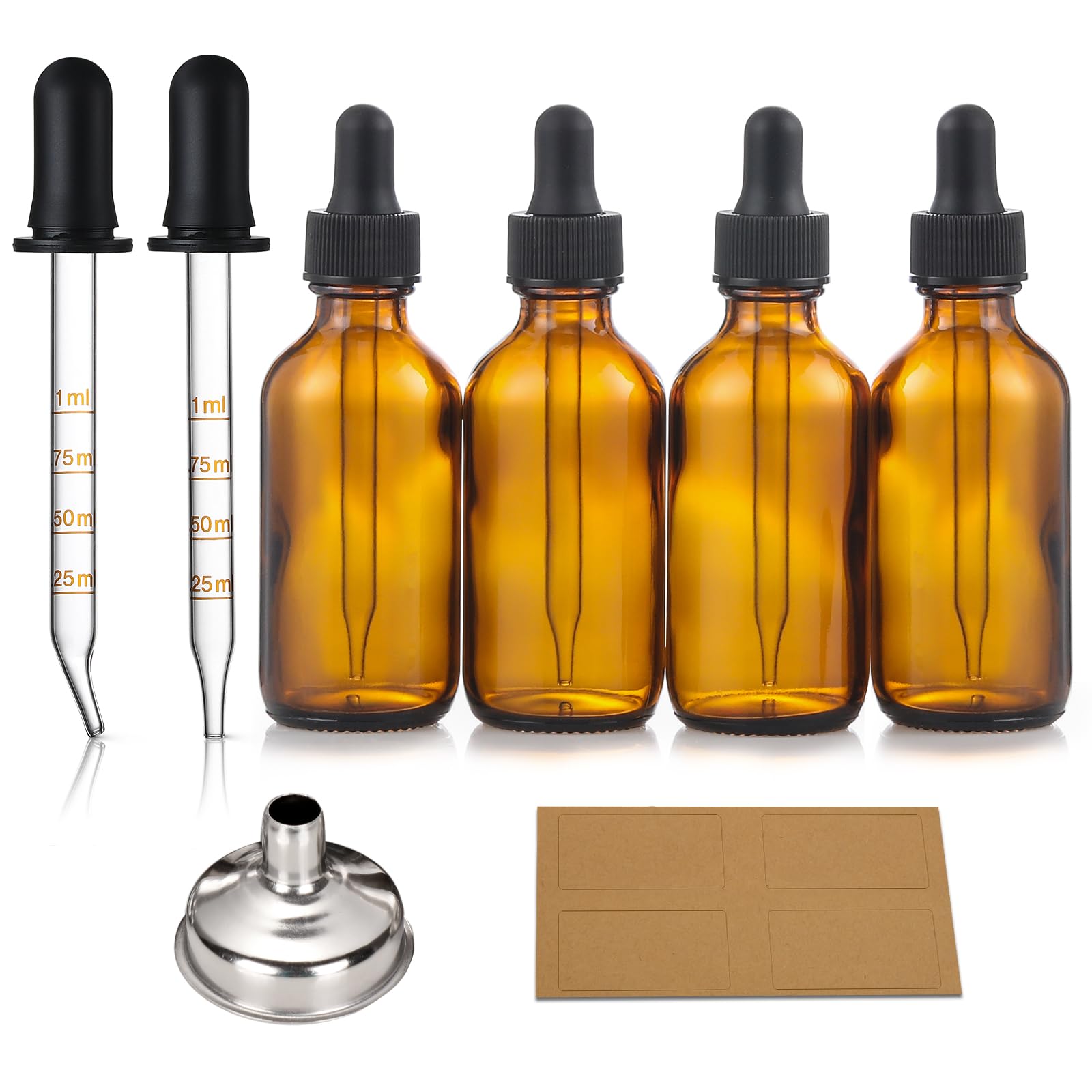 4 Pack, 2 Oz Amber Glass Dropper Bottles Plus 2Pcs Graduated Calibrated Glass Pipettes (1Ml)- 60Ml Dark Brown Tincture Bottles W