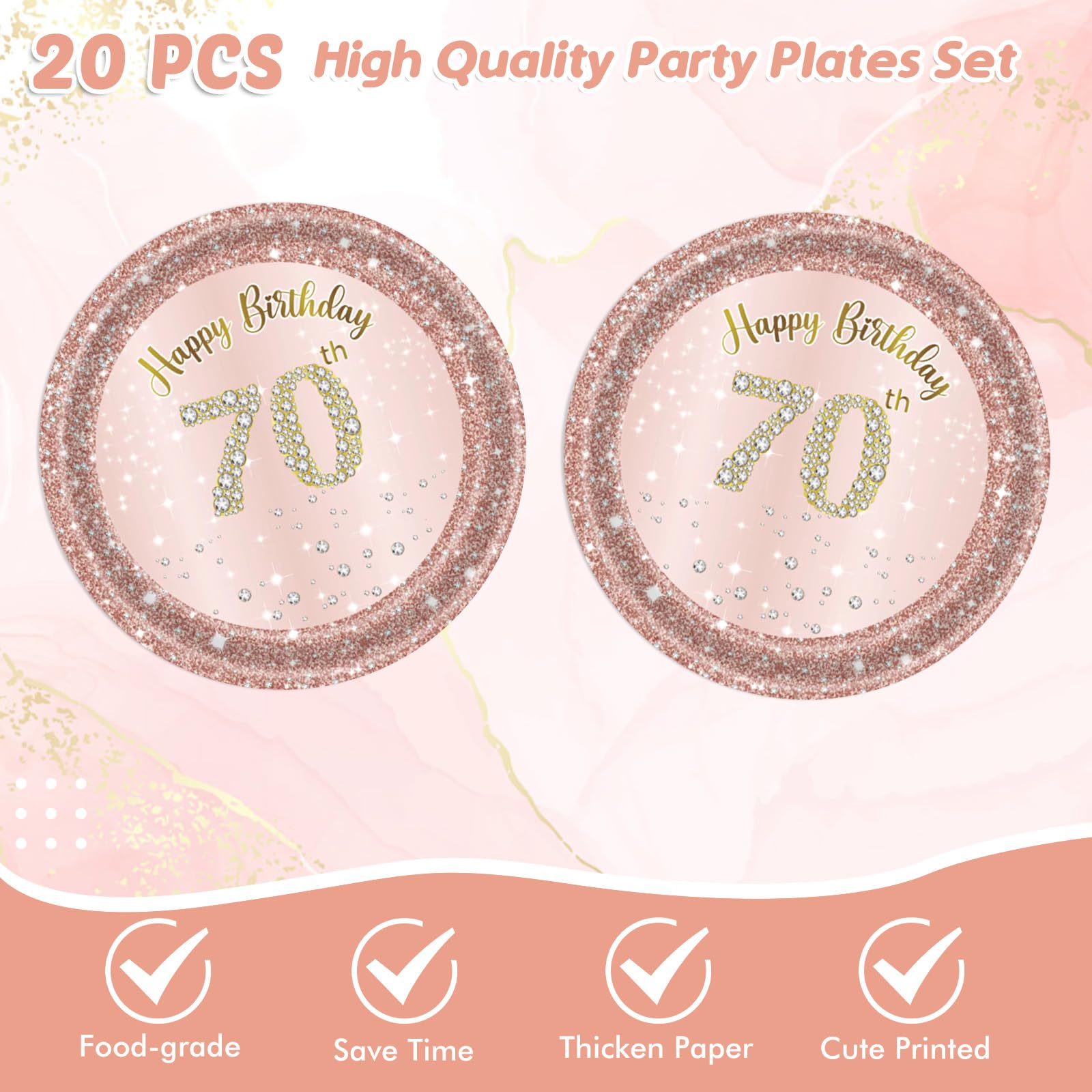 41Pcs 70Th Birthday Decorations, Rose Gold Birthday Party Supplies Include 20Pcs Plates 20Pcs Napkins And 1Piece Tablecloth, Swe