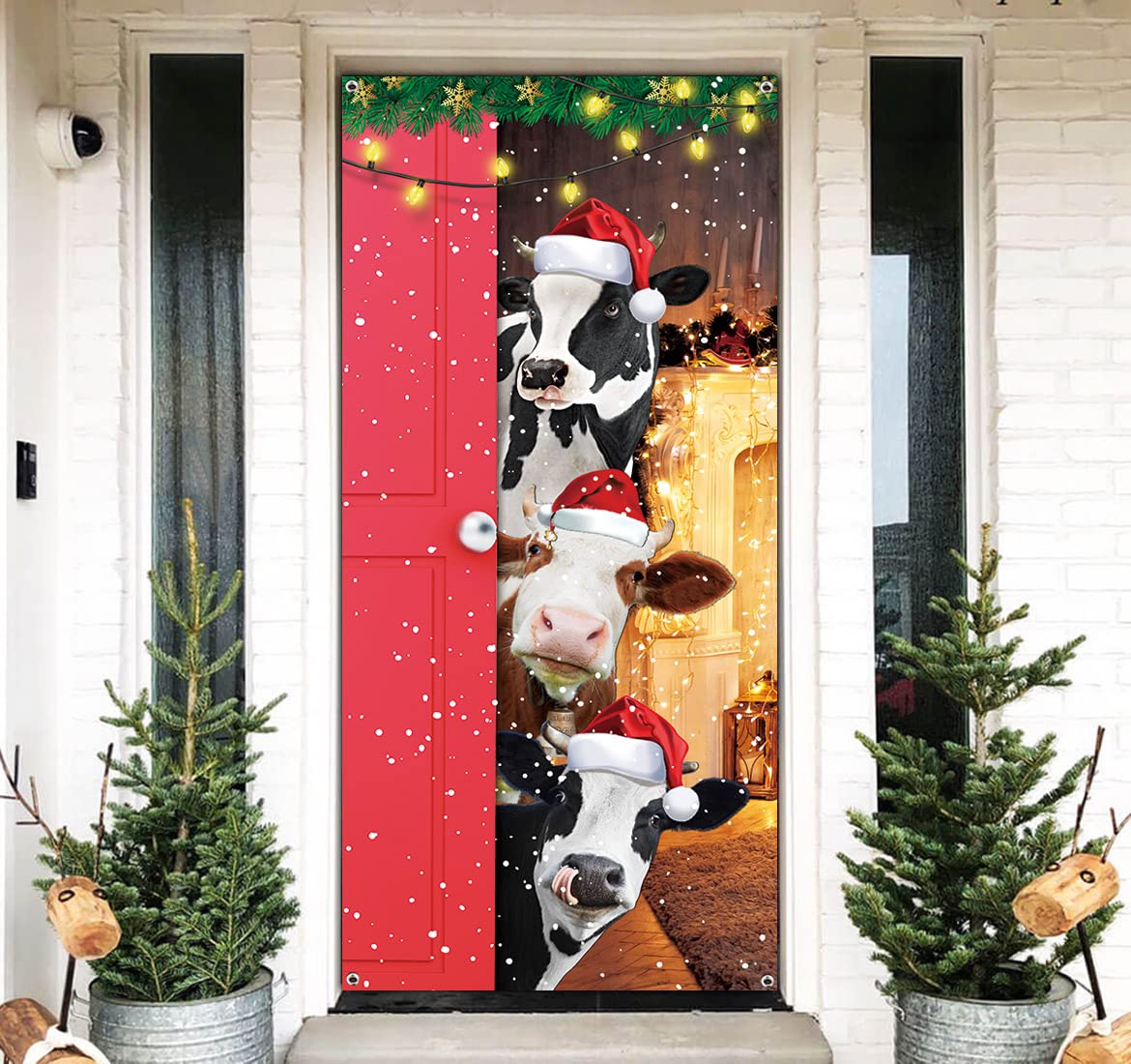 Merry Christmas Door Cover Funny Cows Door Banner Christmas Decoration For Front Door Merry Christmas Farmhouse Door Decoration