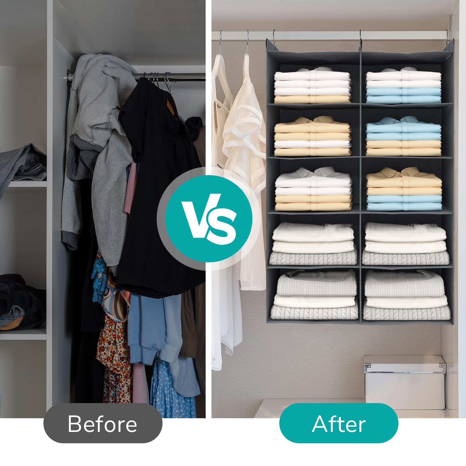 Alltidyup 5 Tier Shelf Hanging Closet Organizer, Dual-Row 10 Pocket Cloth Hanging Shelf With 3 Sturdy Hooks For Storage, Foldabl