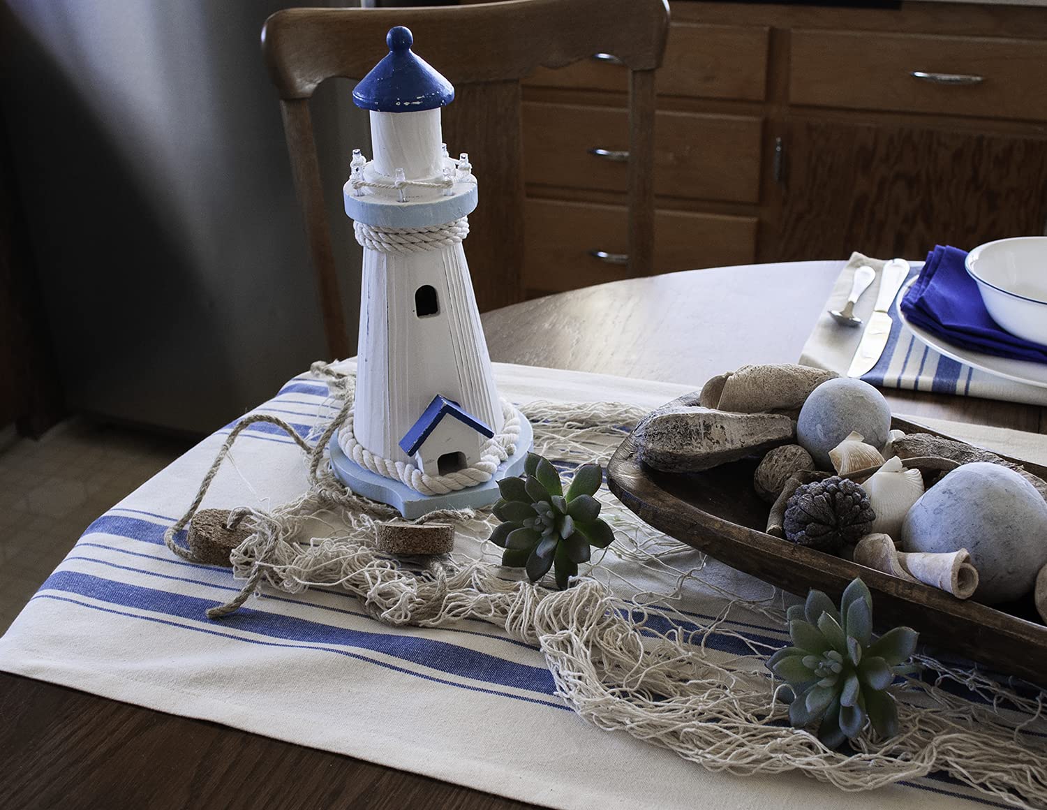 Cotton Table Runner, Dresser Scarf, Coffee Table Runner, In Blue Beige Farmhouse Rustic Decor (16Wx88.5L)