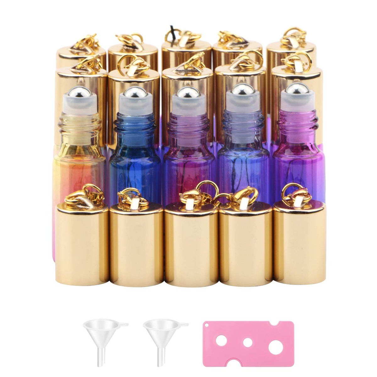 Jiuwu 15 Pack 5Ml Stainless Steel Ball Roller Bottles With Gold Cap Gradient Color Glass Essential Oil Roller Bottle For Perfume