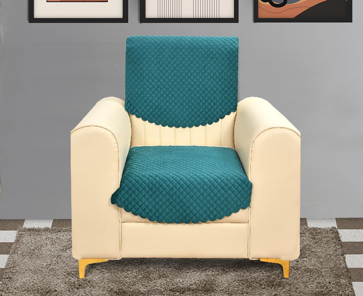 Yellow Weaves Velvet 1 Seater Self Design Quilted Sofa Chair Cover, Seat & Back Cover, Color - Teal Blue