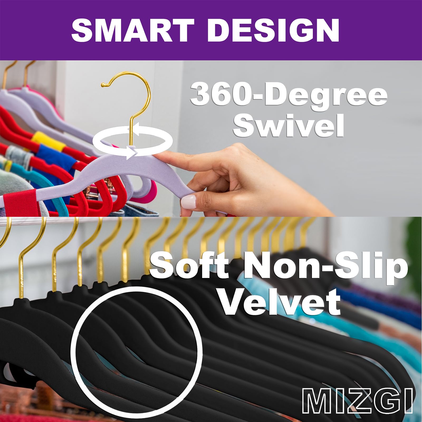 Mizgi Black Velvet Hangers 60 Pack,Premium Gold Clothes Hangers Non-Slip Felt Hangers,Sturdy Black Hangers Heavy Duty Coat Hange
