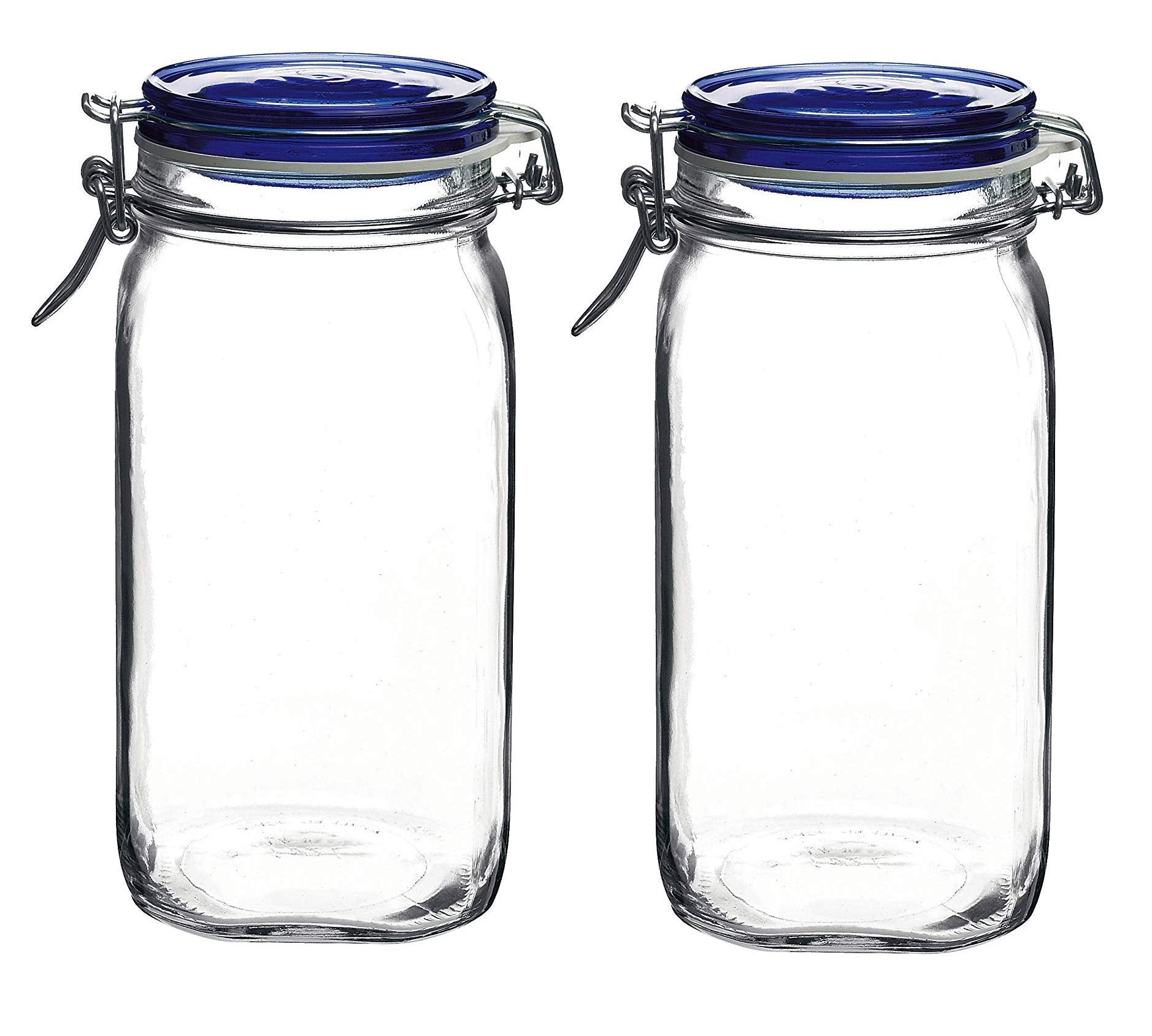 Bormioli Rocco Bormioli Rocco Set Of 2 Fido Square Jars With Blue Bail And Trigger Lids, 50-3/4-Ounc, 50.75Oz