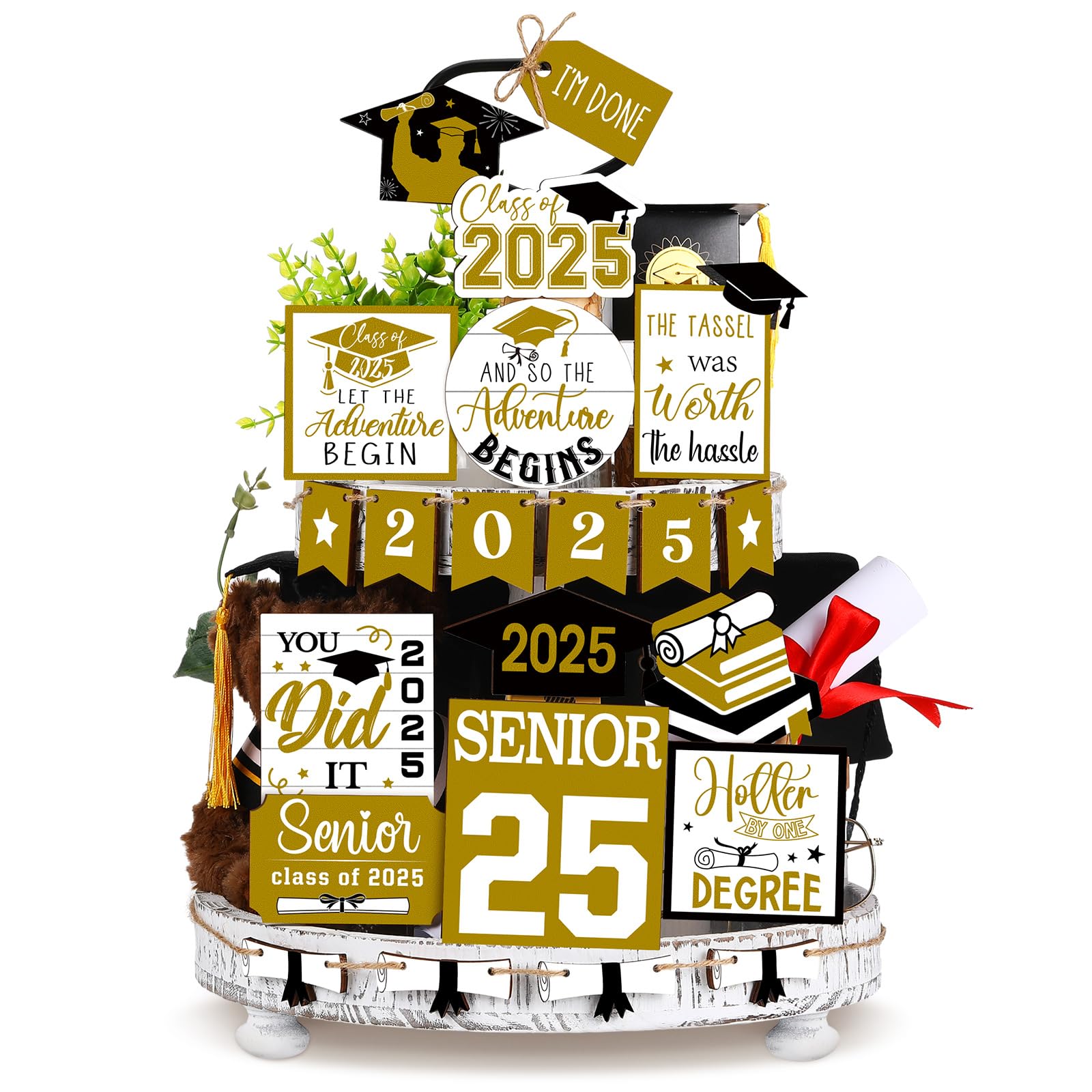 22 Pcs 2025 Graduation Tiered Tray Signs Sets Farmhouse Wooden Class of 2025 Graduation Signs for Home Party Tiered Tray Table O