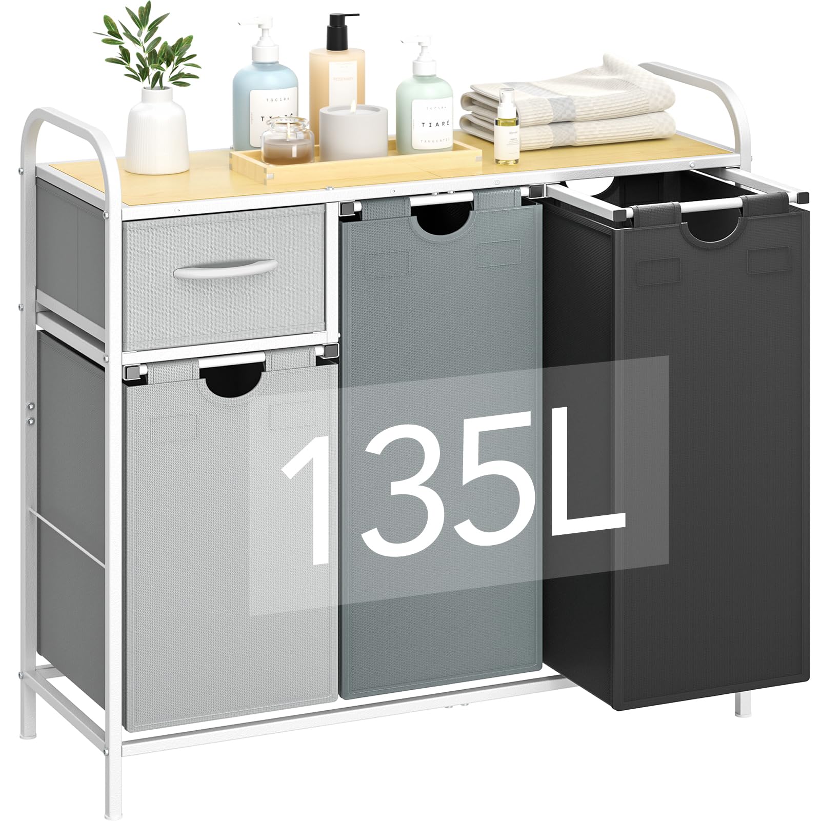 Yecaye Laundry Sorter 3 Section, Laundry Hamper With Shelf And 1 Drawer, 35.7Gal(135L) Laundry Basket Organizer, Pull-Out And Re