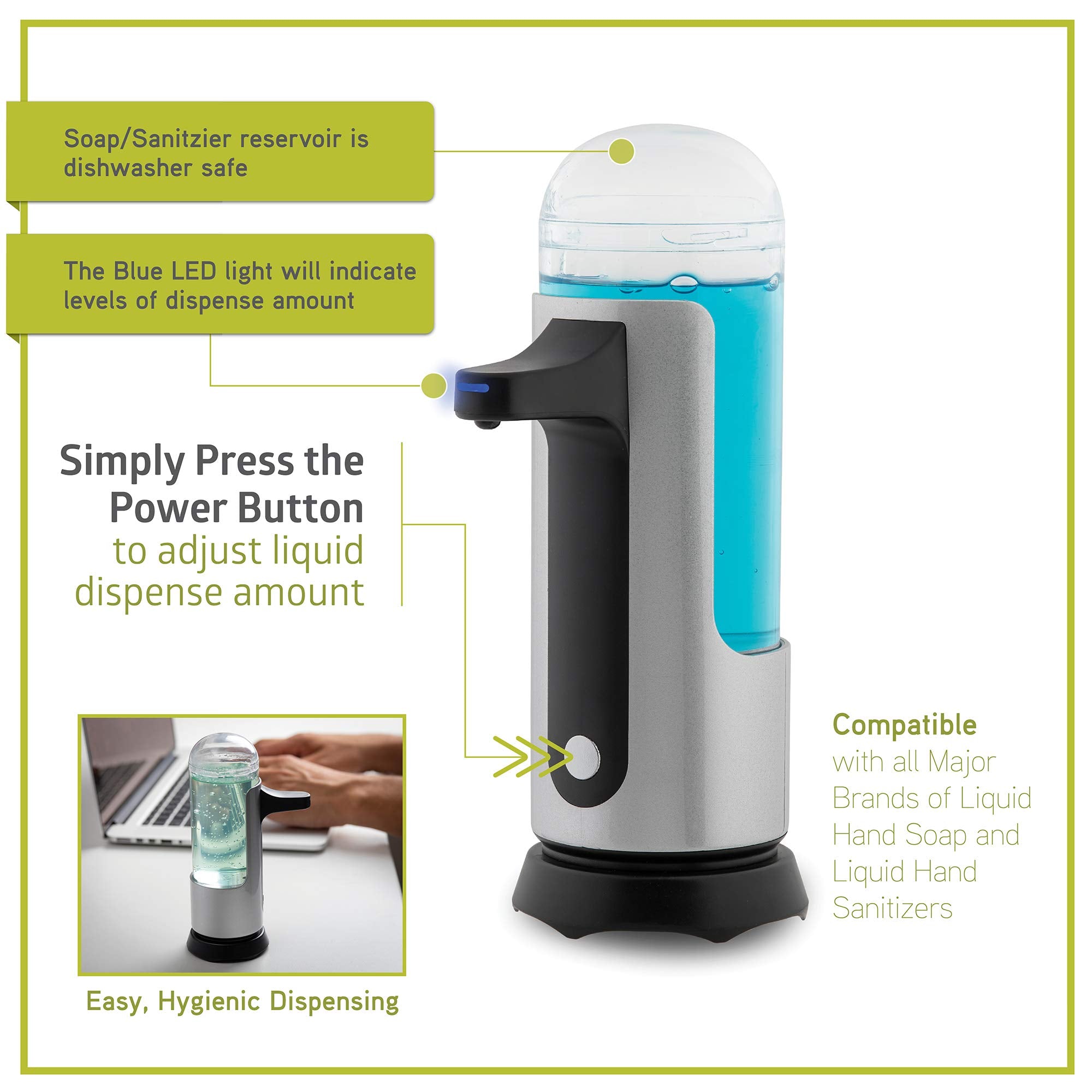 Pearington Premium Touchless Electric Automatic Soap And Sanitizer Dispenser, Battery Operated, Silver, 10Oz, 1Pk