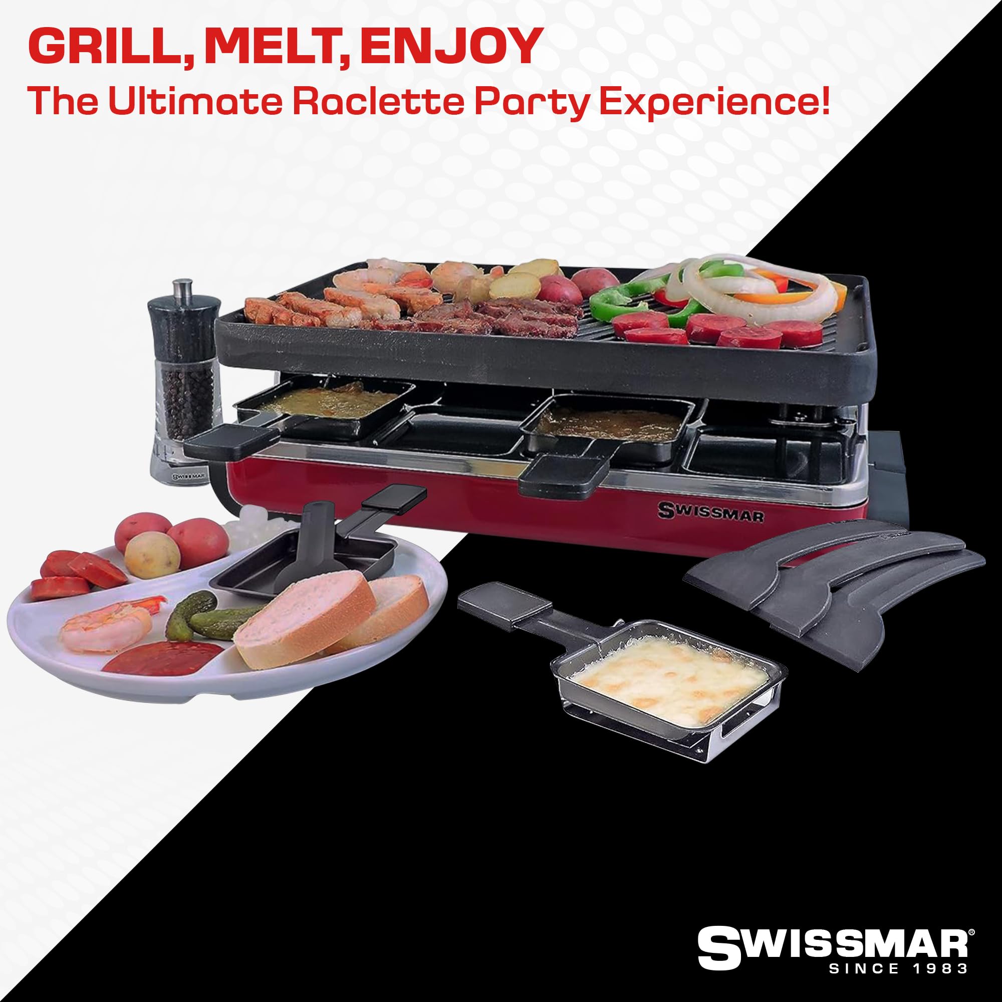 Swissmar Classic 8-Person Raclette Party Grill With Reversible Cast Iron Grill Plate/Crepe Top, Indoor Electric Raclette Grill &