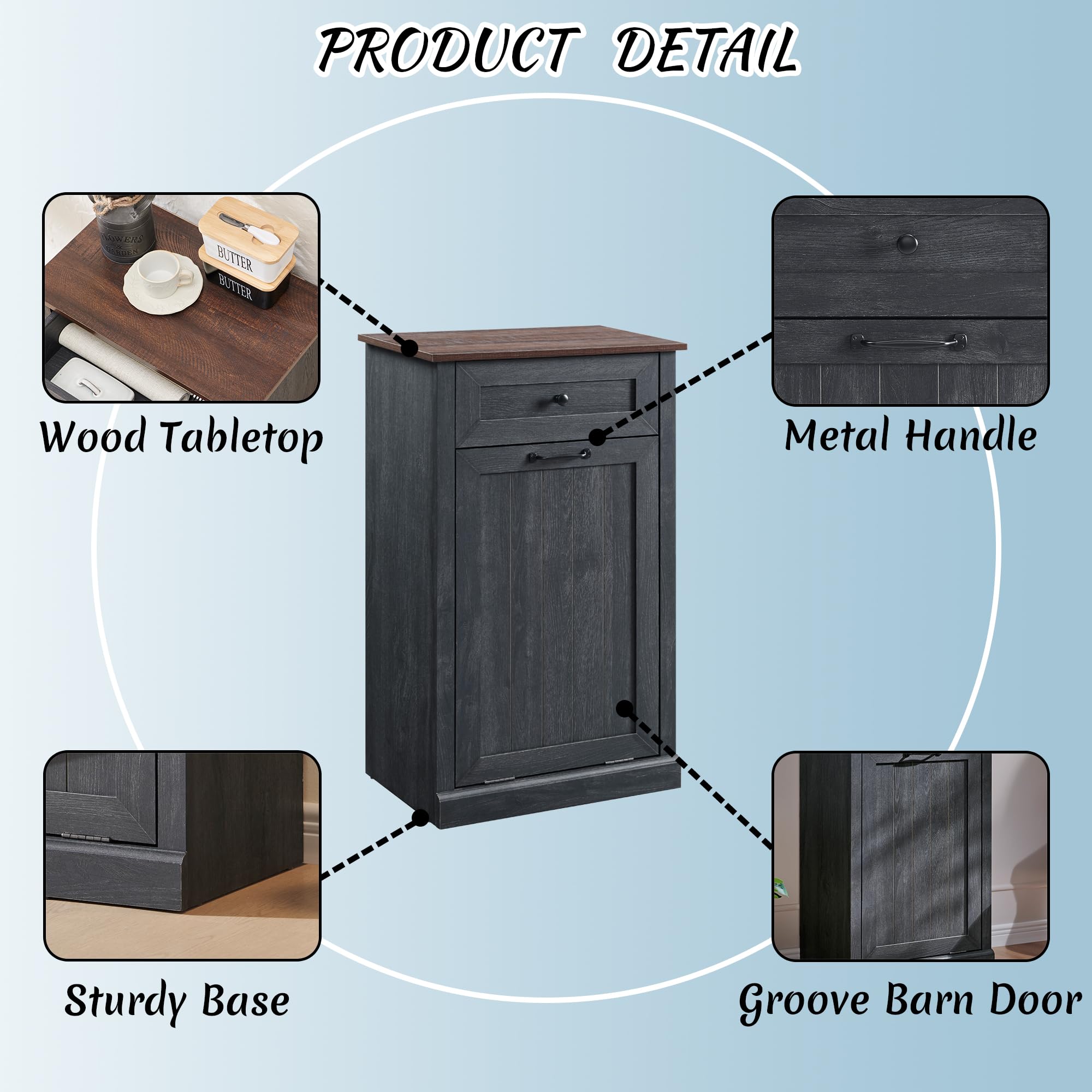 Ifbuy Tilt Out Laundry Hamper Cabinet, 10 Gallon Farmhouse Trash Can Cabinet With Drawer, Hidden Wood Garbage Can Bin Cabinet Wi