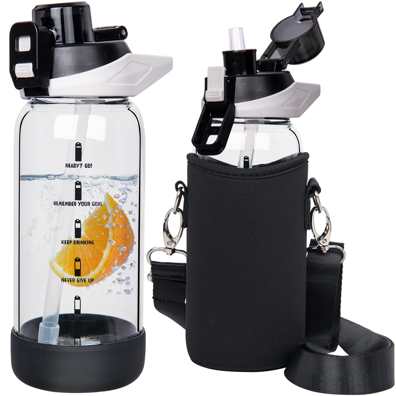 Seekua 20 oz Sports Glass Water Bottle with Straw & Time Marker, Motivational Kids Daily Glass Drinking Bottle with Strap for Ch