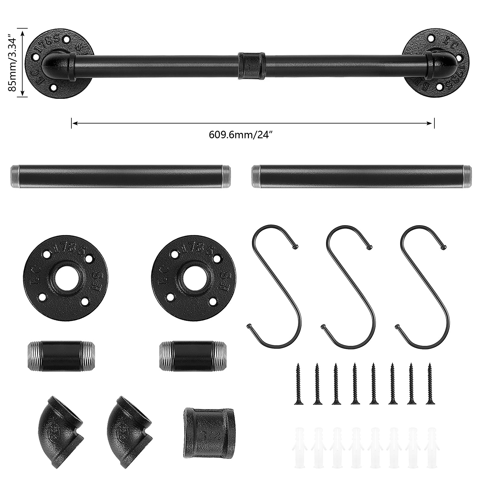 Jeasor Industrial Pipe Towel Rack Towel Bar, Heavy Duty Wall Mounted Rustic Farmhouse Bath Towel Holder For Bathroom (Black, 24