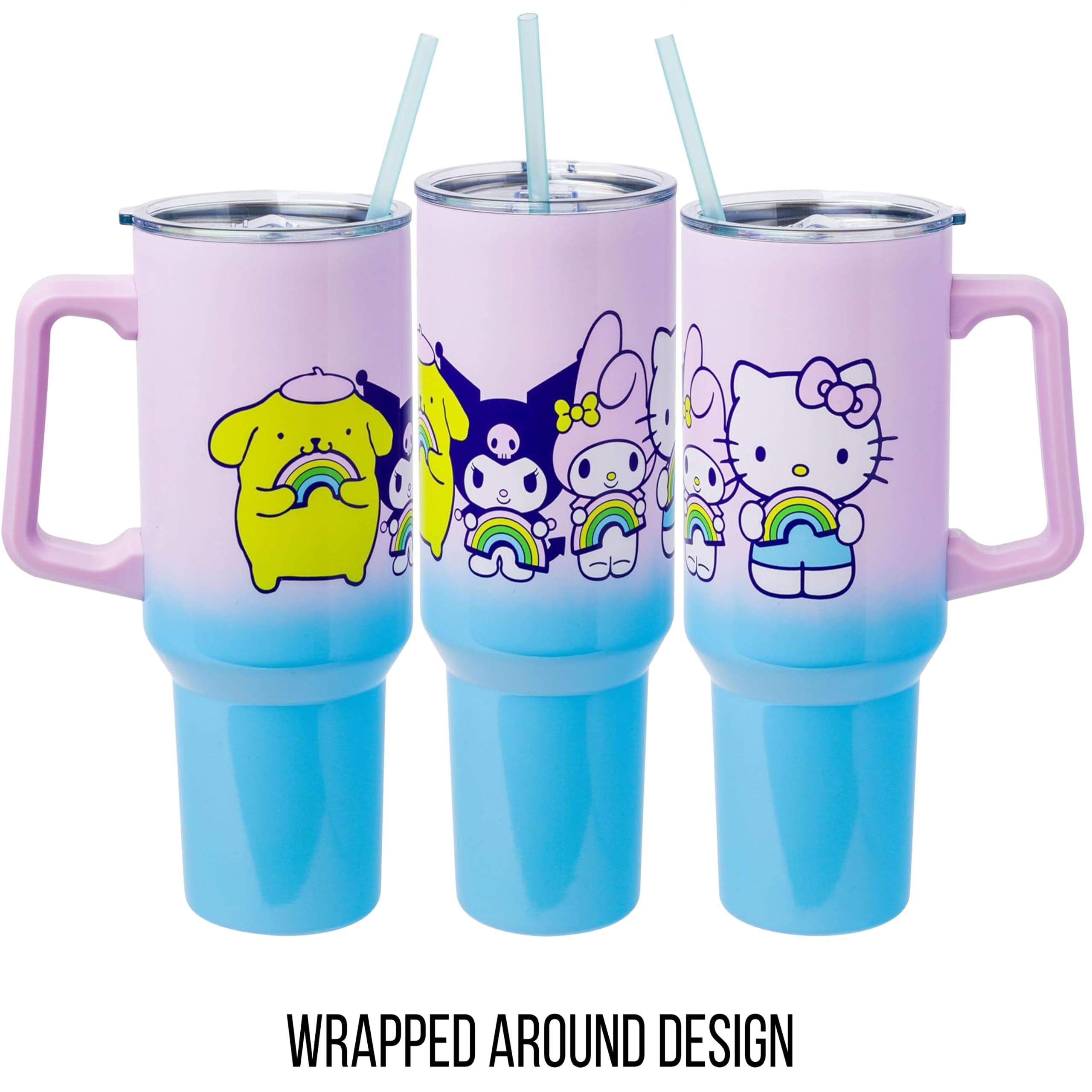 Silver Buffalo Sanrio Hello Kitty And Friends Featuring My Melody, Kuromi, And Pompompurin Rainbow Ombre Stainless Steel Tumbler