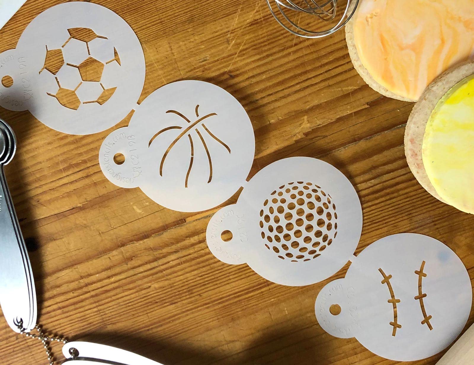 Designer Stencils Small Sports Ball Cupcake And Cookie Stencils (Basketball - Golf - Soccer - Baseball), Beige/Semi-Transparent