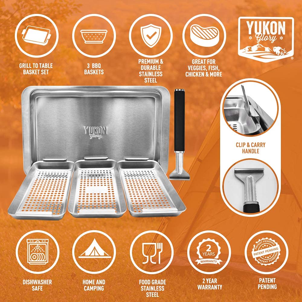 Yukon Glory BBQ 'N SERVE Grill Basket Set - Includes 3 Grilling Baskets a Serving Tray & Clip-on Handle - ''Patented Grill-to-Table Design'' Perfect For Grilling Fish Veggies & Meats