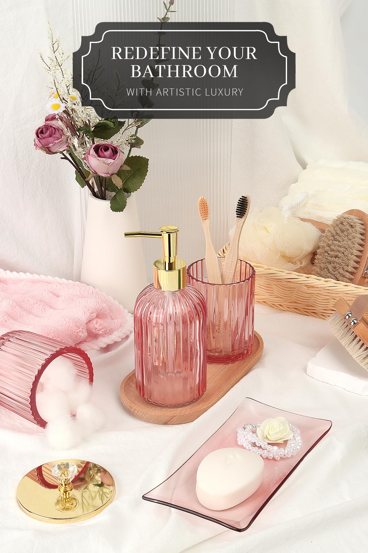 Designer Pink Glass Bathroom Accessories Sets - 4 Pcs With Lotion Soap Dispenser, Bathroom Toothbrush Holder, Vanity Tray, And A