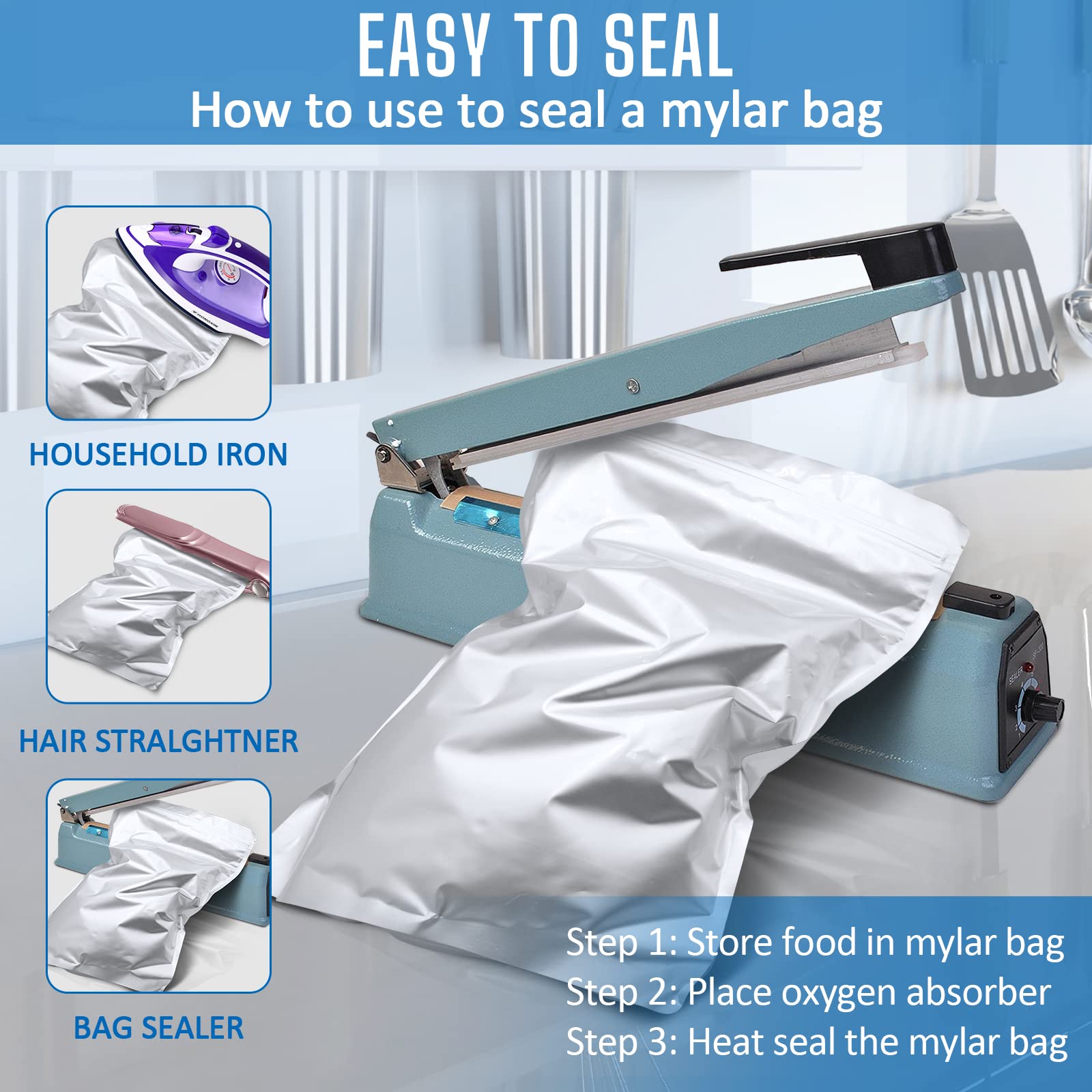 100 Pack Mylar Bags For Food Storage With 100X300Cc Oxygen Absorbers - 9 Mil 10''X14'', 9Mil 6''X9'', 9Mil 4.3''X6.3'' - Reseala