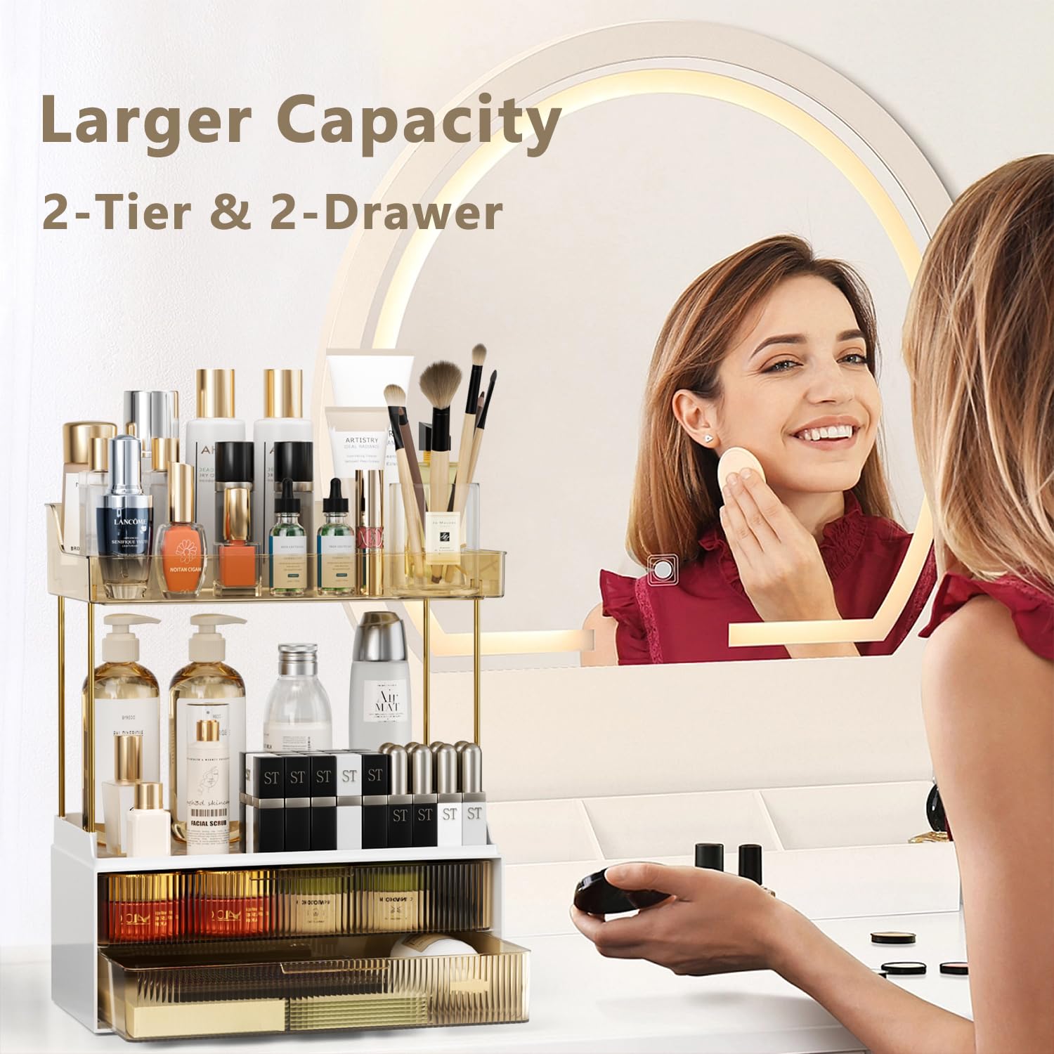 Hoffeins 4 Tiers Bathroom Organizers And Storage Countertop With 2 Drawers, Multi-Purpose Vanity Organizer, Skin Care Organizer