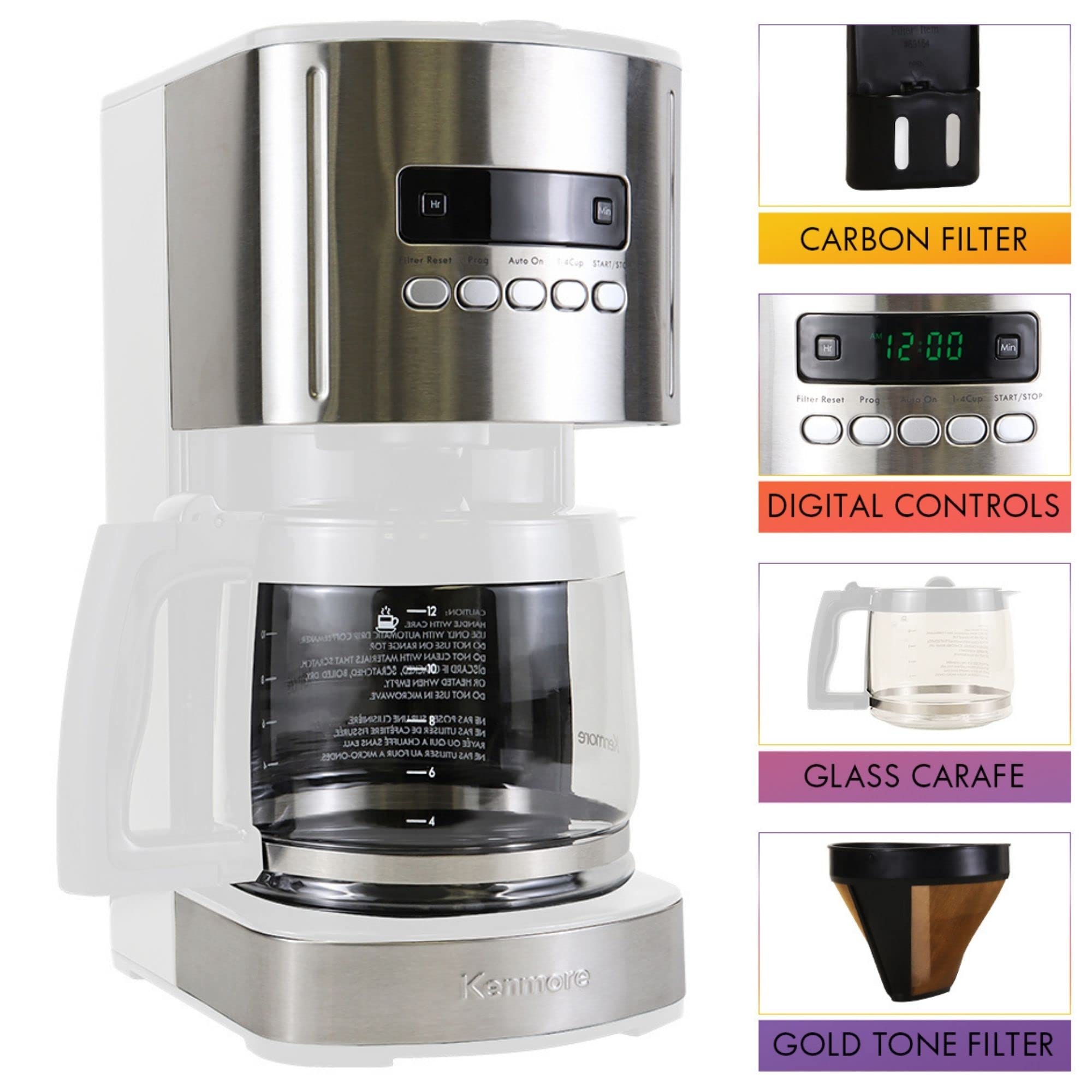 Kenmore Coffee Maker 12 Cup Drip Coffee Machine Reusable Filter Programmable Timer Digital Display Aroma Control Glass Carafe Ch