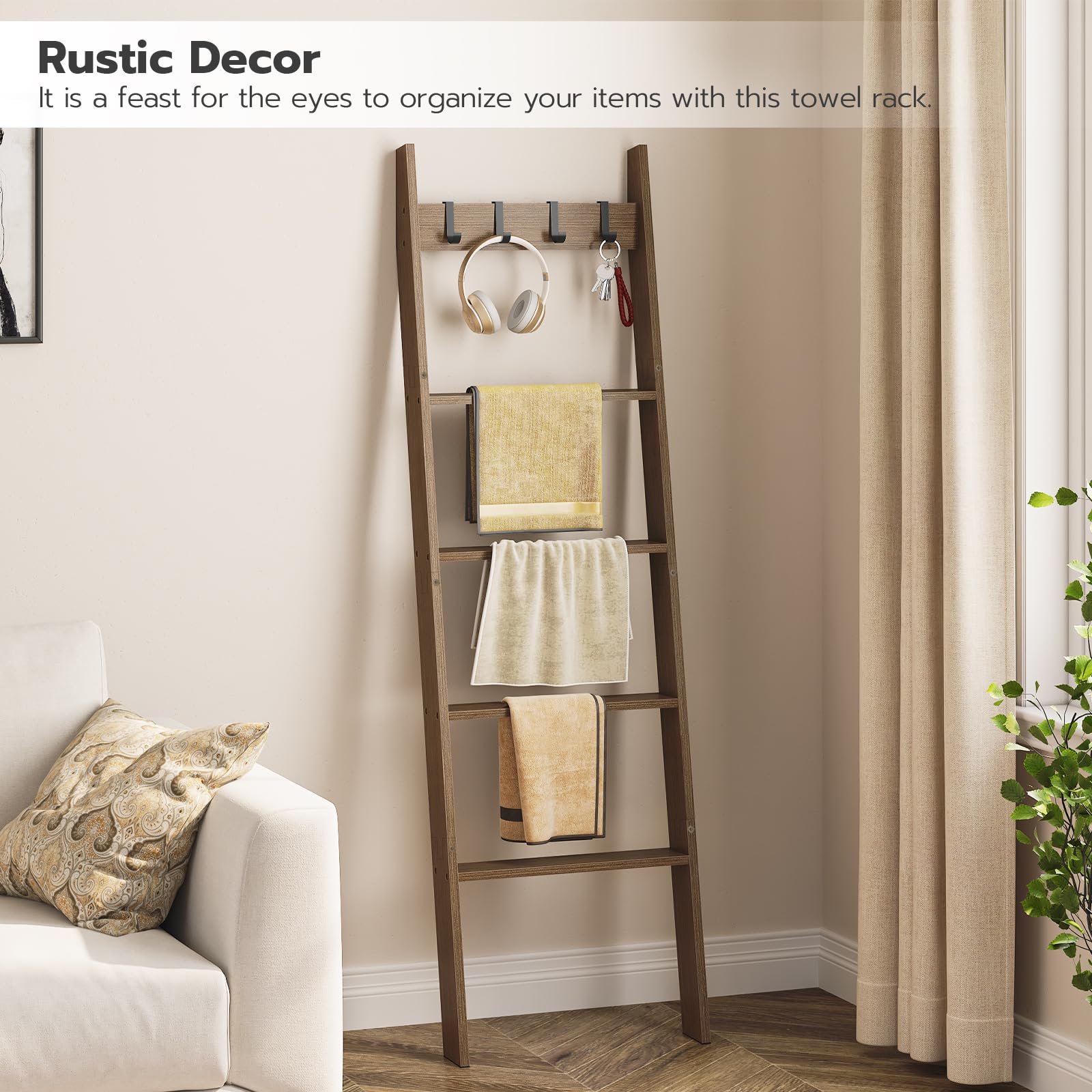 HOOBRO 5-Tier Blanket Ladder, Mocha Bamboo Decorative Shelf with 4 Hooks, Model MA51CJ01G1 for Living Room and Bathroom Storage