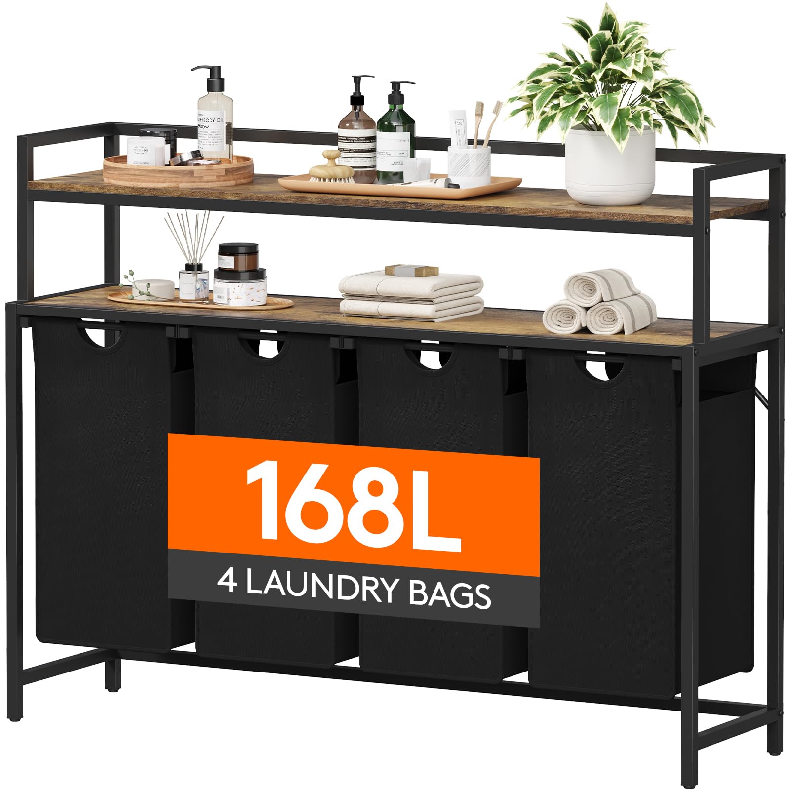 Lifewit Laundry Hamper 4 Section, 168L Pull Out Laundry Clothes Basket Organizer With Large Top Shelf And 4 Removable Bags And H