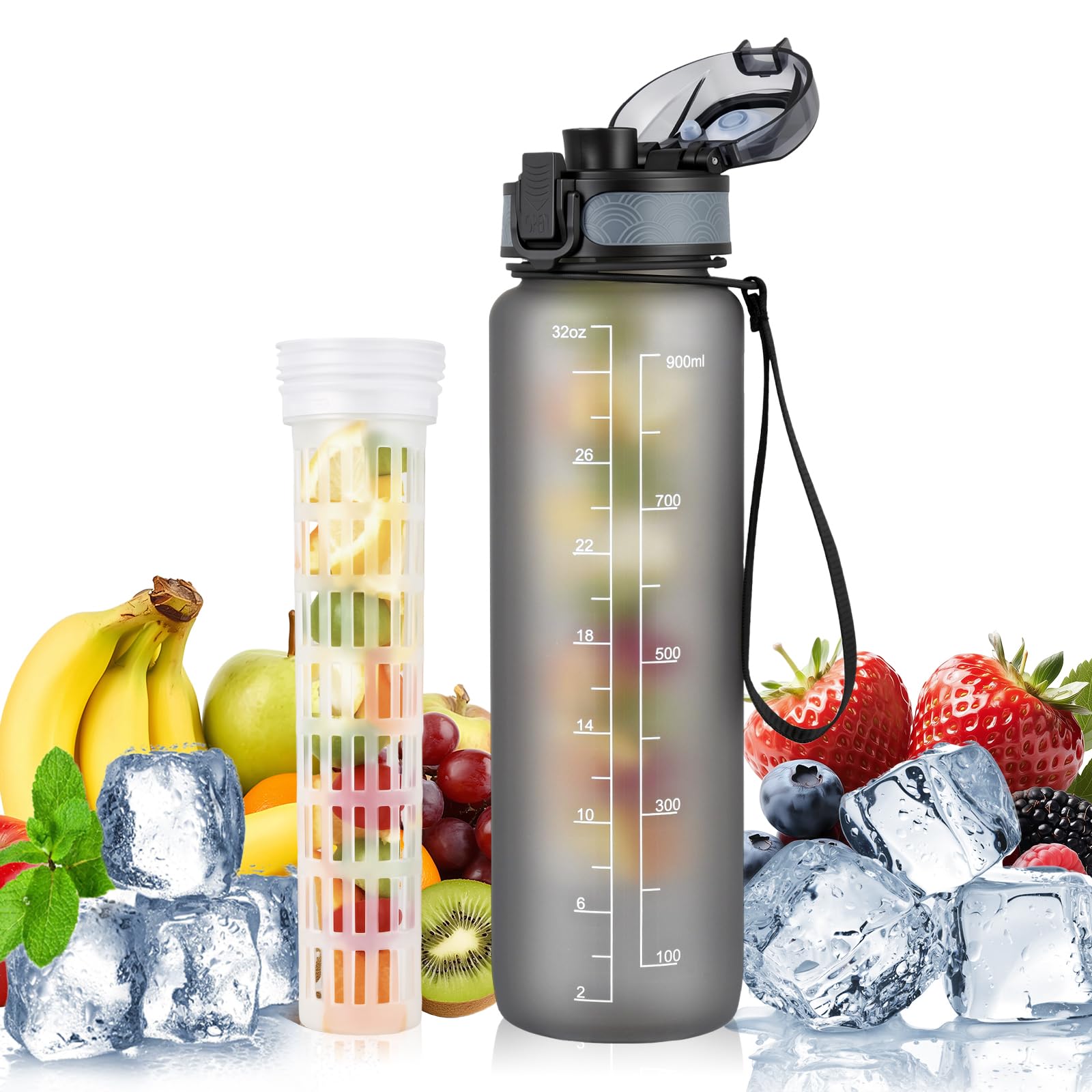 UTEBIT Gray Water Bottle 32oz, Motivational and LeakProof Water Cup