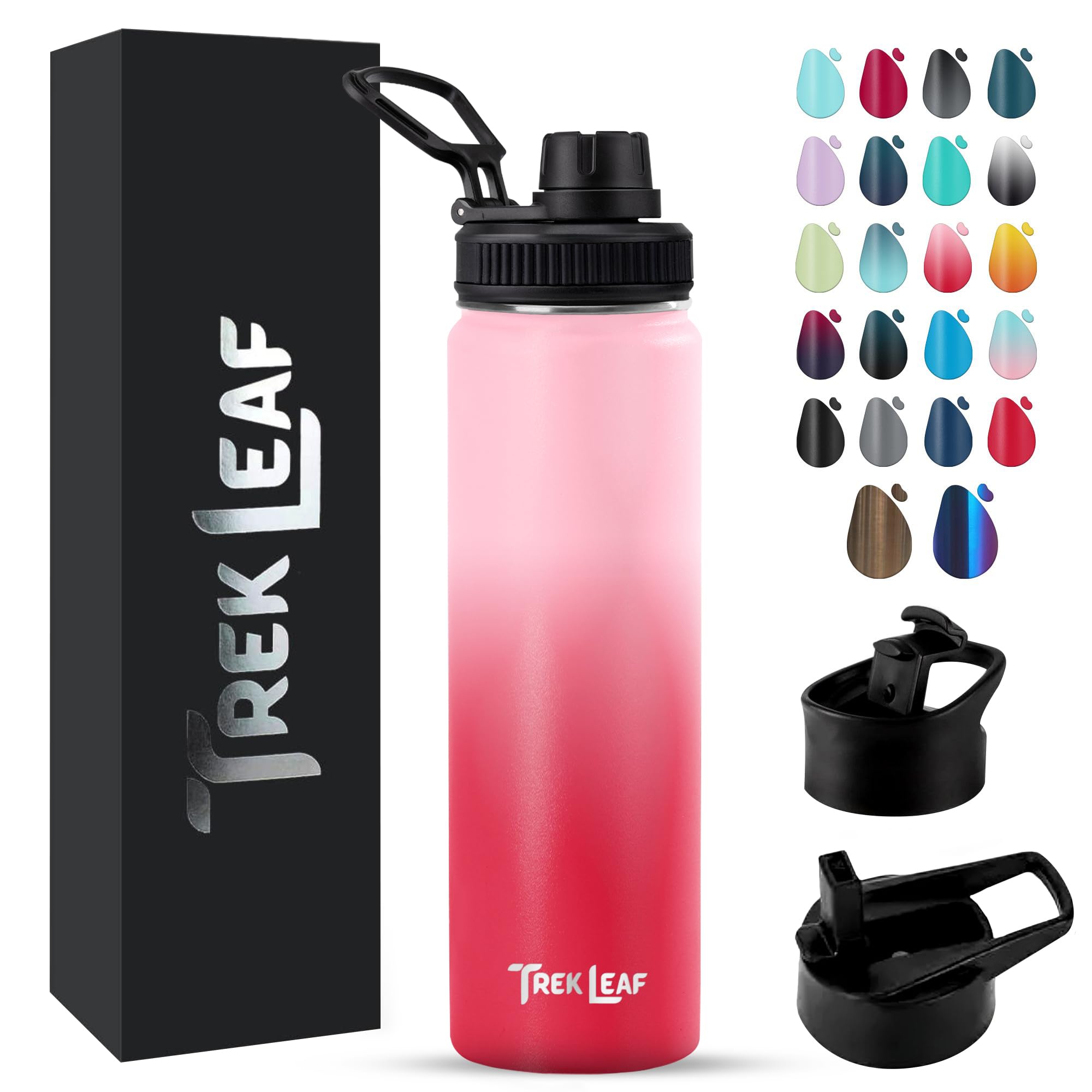 Trek Leaf Travel Water Bottle with 3 Lids (Spout, Straw, Flip) Leak Proof, Quality, Vacuum Insulated, Stainless Steel (Blush, 22
