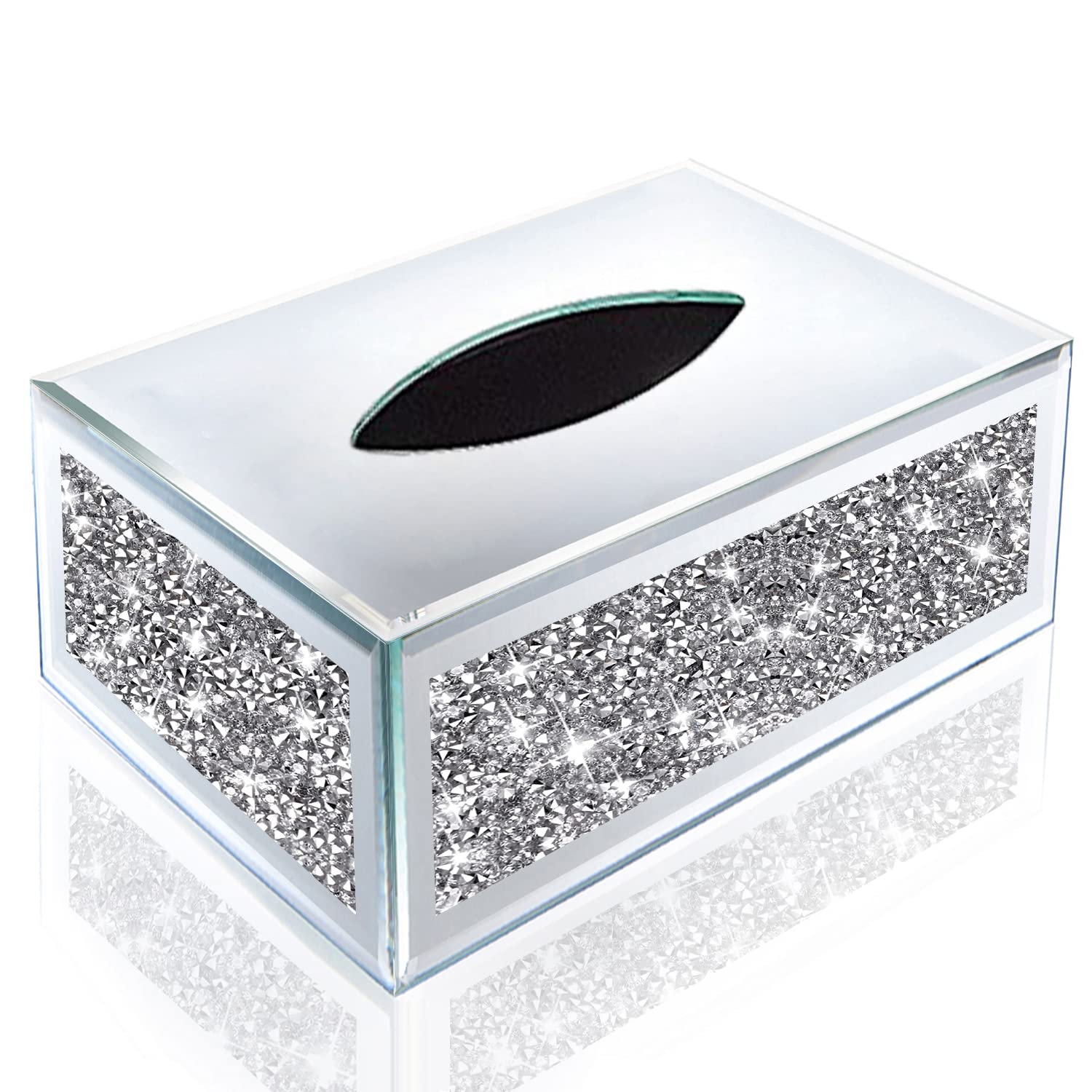 Wocred Rectangular Mirrored Tissue Box Cover,Crystal Crushed Diamond Tissue Box,Silver Luxury Tissue Holders For Either Tissues
