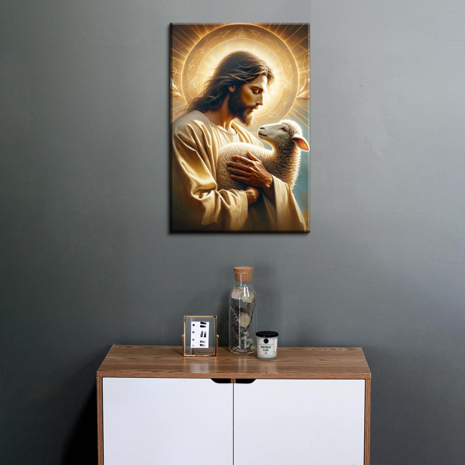 Yonica Christian Wall Art Jesus Chasing Lost Lamb Canvas Print Inspirational Wall Decor 24X32 Inch Home Decor