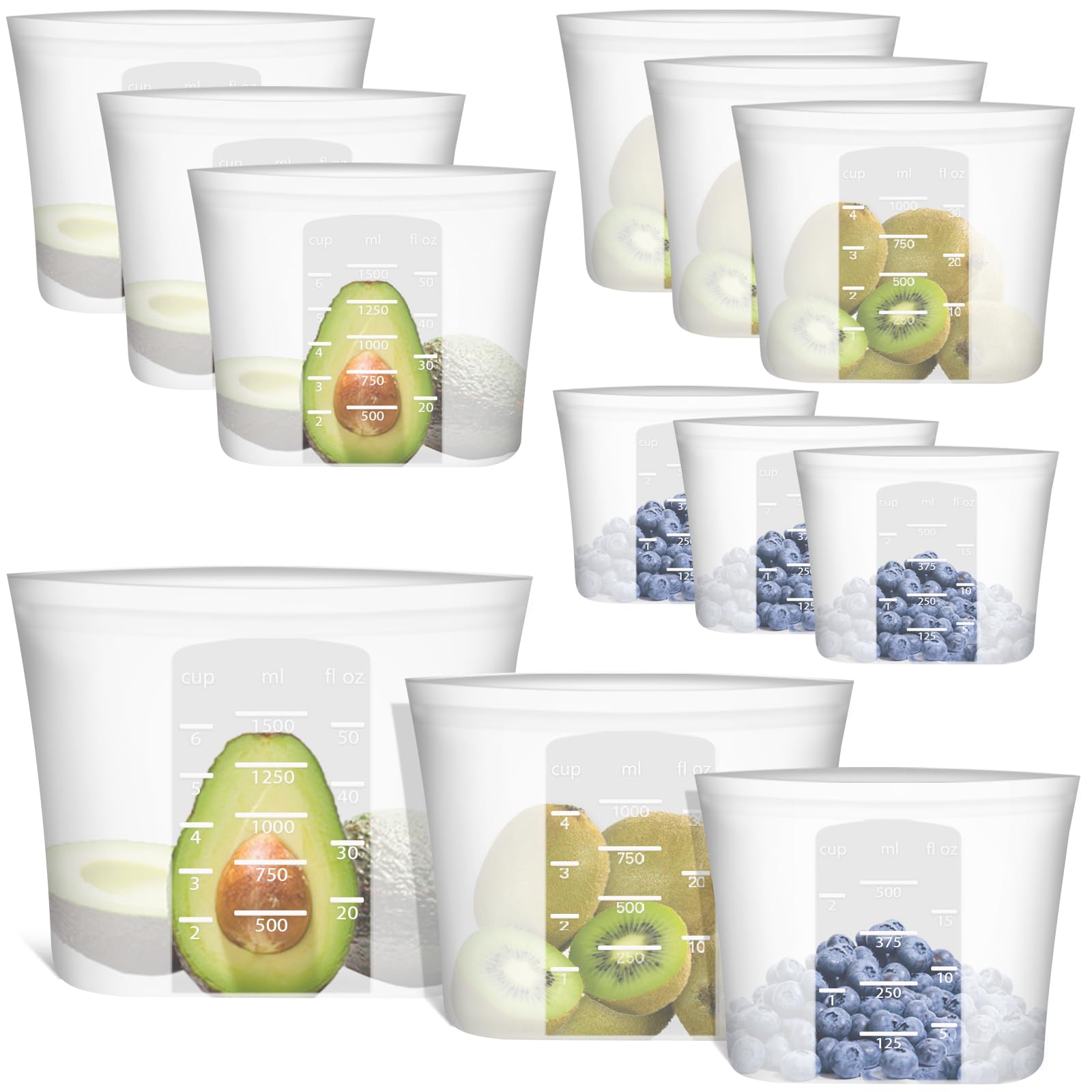 Annaklin 100% Silicone Reusable Storage Bag, 9 Pack StandUp WideMouth ZipLock Food Storage Bags, EasyFill EasyOpen EasyCle