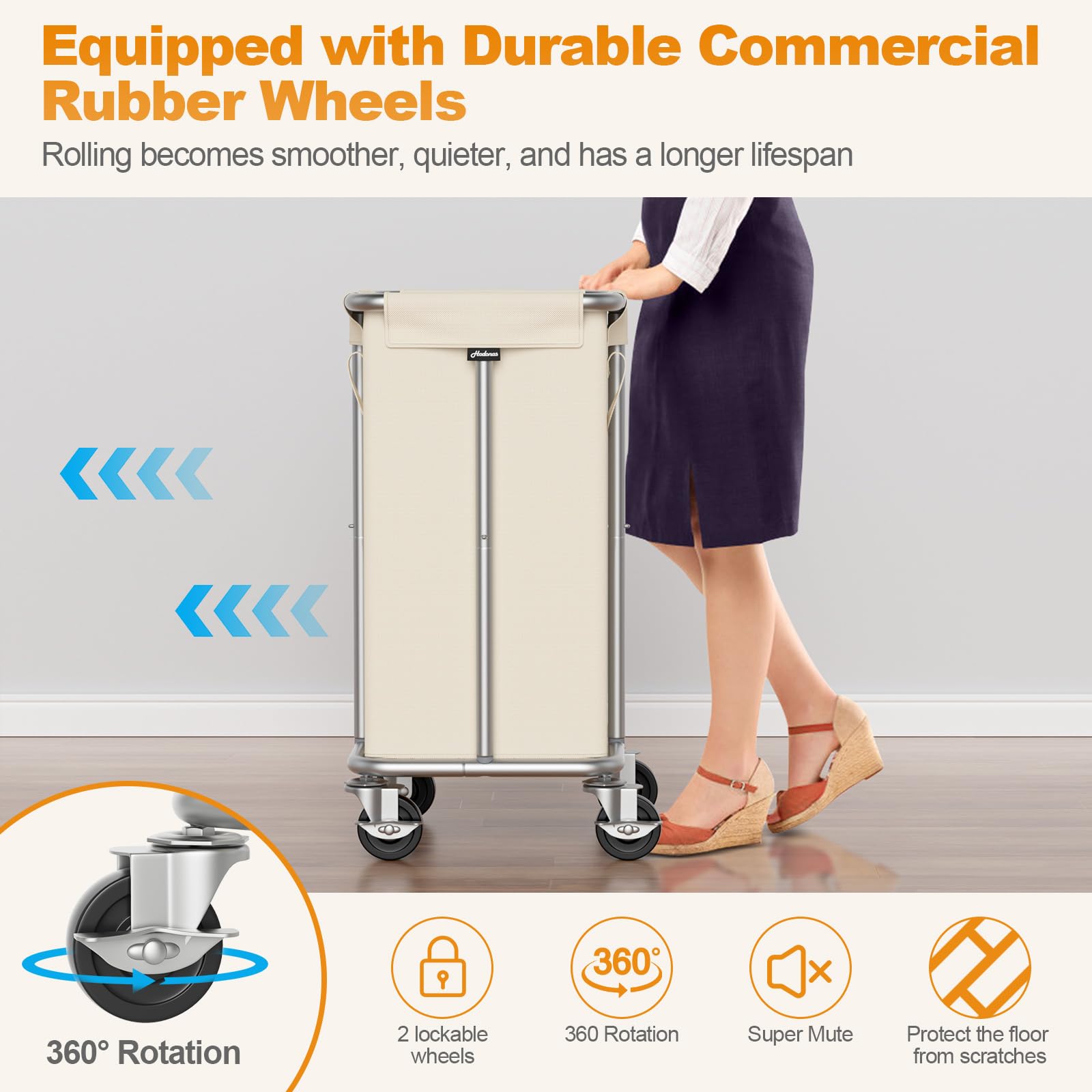 Hodonas Laundry Basket With Wheels, 115L Rolling Laundry Hamper Large Dirty Clothes Hamper Cart With Steel Frame And Removable B
