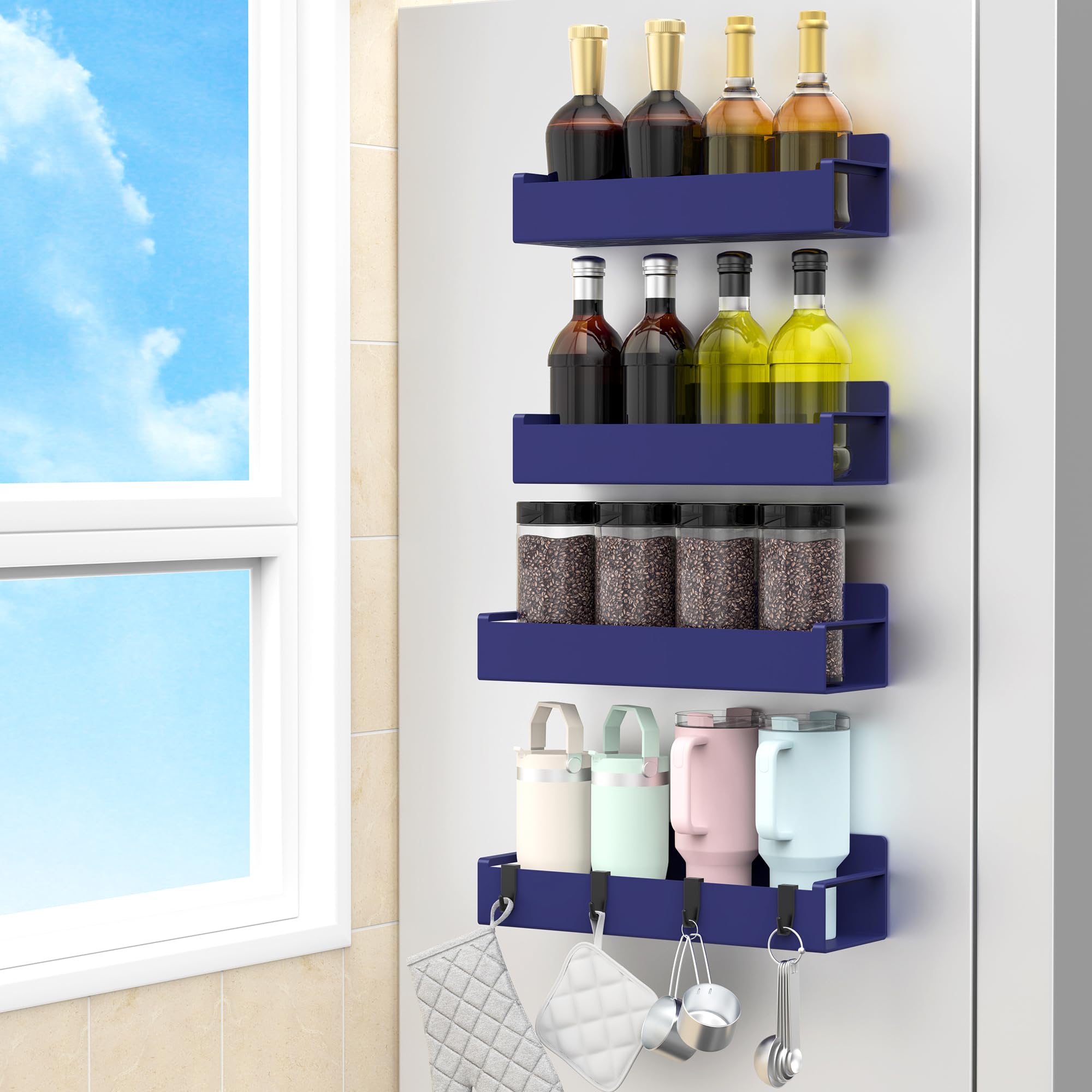 HuggieGems 4 Pack Magnetic Spice Rack Organizer for Refrigerator and Oven, Dark Blue Fridge Organizers and Storage for Kitchen