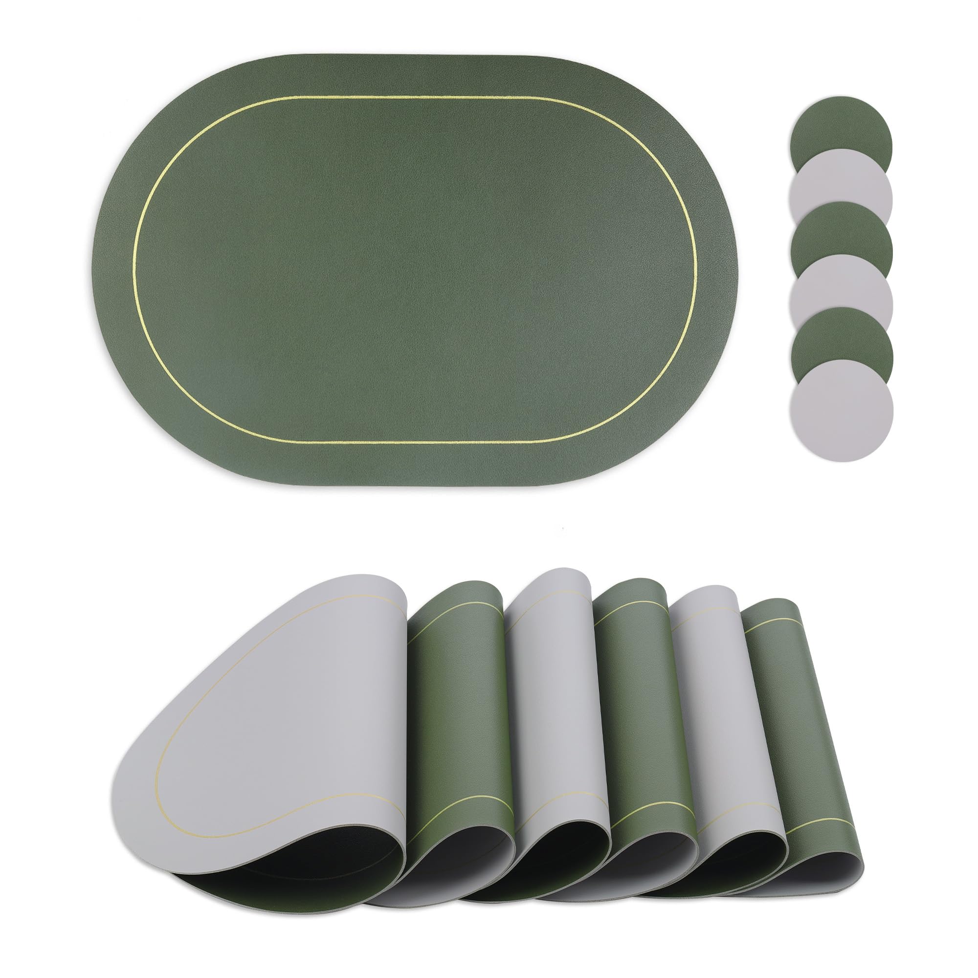 Fanquare Oval Placemats And Small Round Coasters Set Of 12 Faux Leather Placemats And Coasters Waterproof Double-Sided Color Din