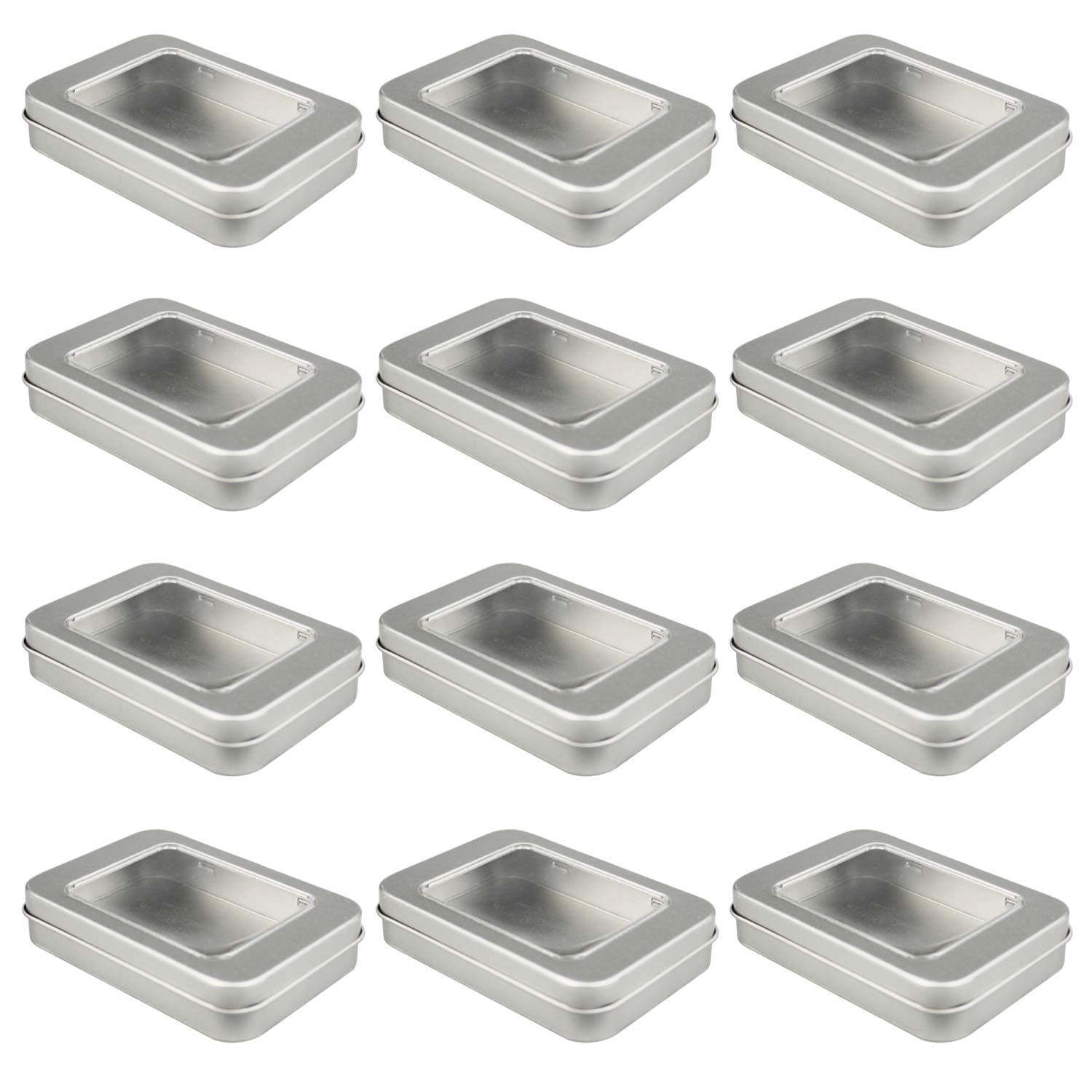 12 Pack Empty Rectangular Metal Storage Organizer Tins With Clear Window Hinged Lids For Candies, Gifts & Treasures (Silver)