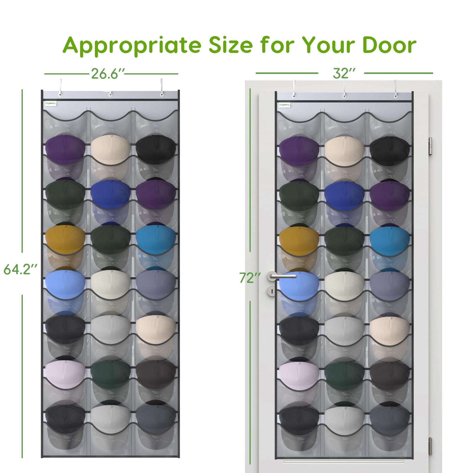 Unjumbly Over-The-Door Baseball Hat Rack, 24 Pocket Organizer, Grey Oxford 600D Fabric, Fits 1 3/8" & 1 3/4" Doors