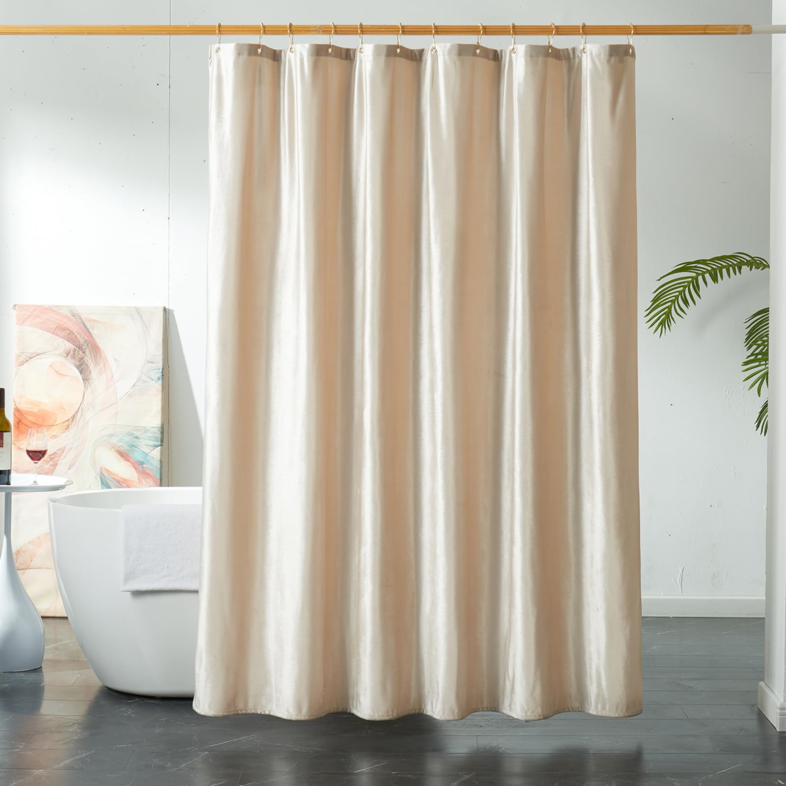 Off White Velvet Shower Curtains For Bathroom,260 Gsm Heavy-Duty Fabric Luxury Shower Curtain With Hooks, Thicken, Washable, Wat