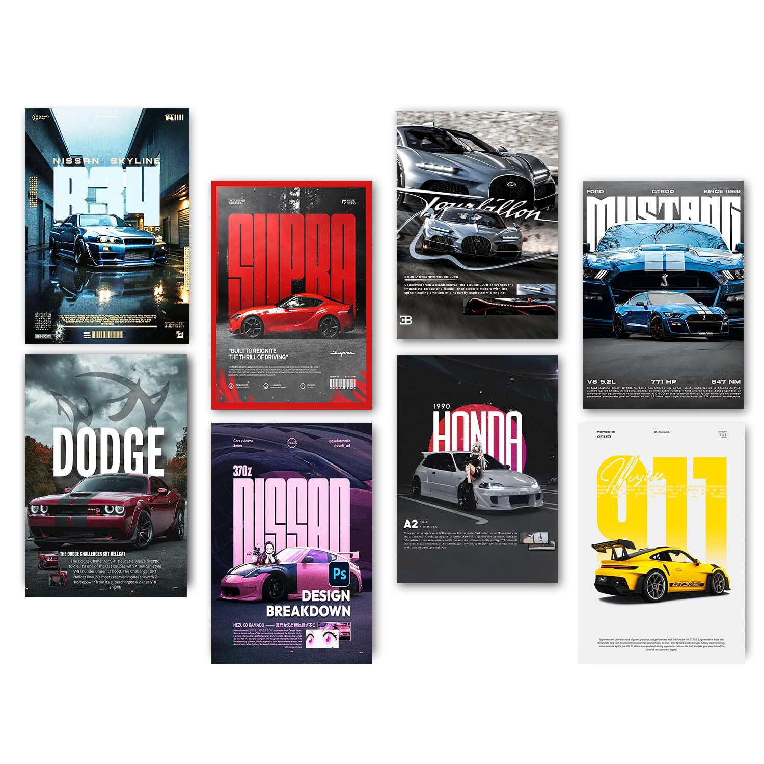 Kartmen Pack Of 8 Car Aesthetic Posters - 8X12 Inch (A4 Size) 300 Gsm | Sports And Street Ruling Cars Including Porsche - Glue D