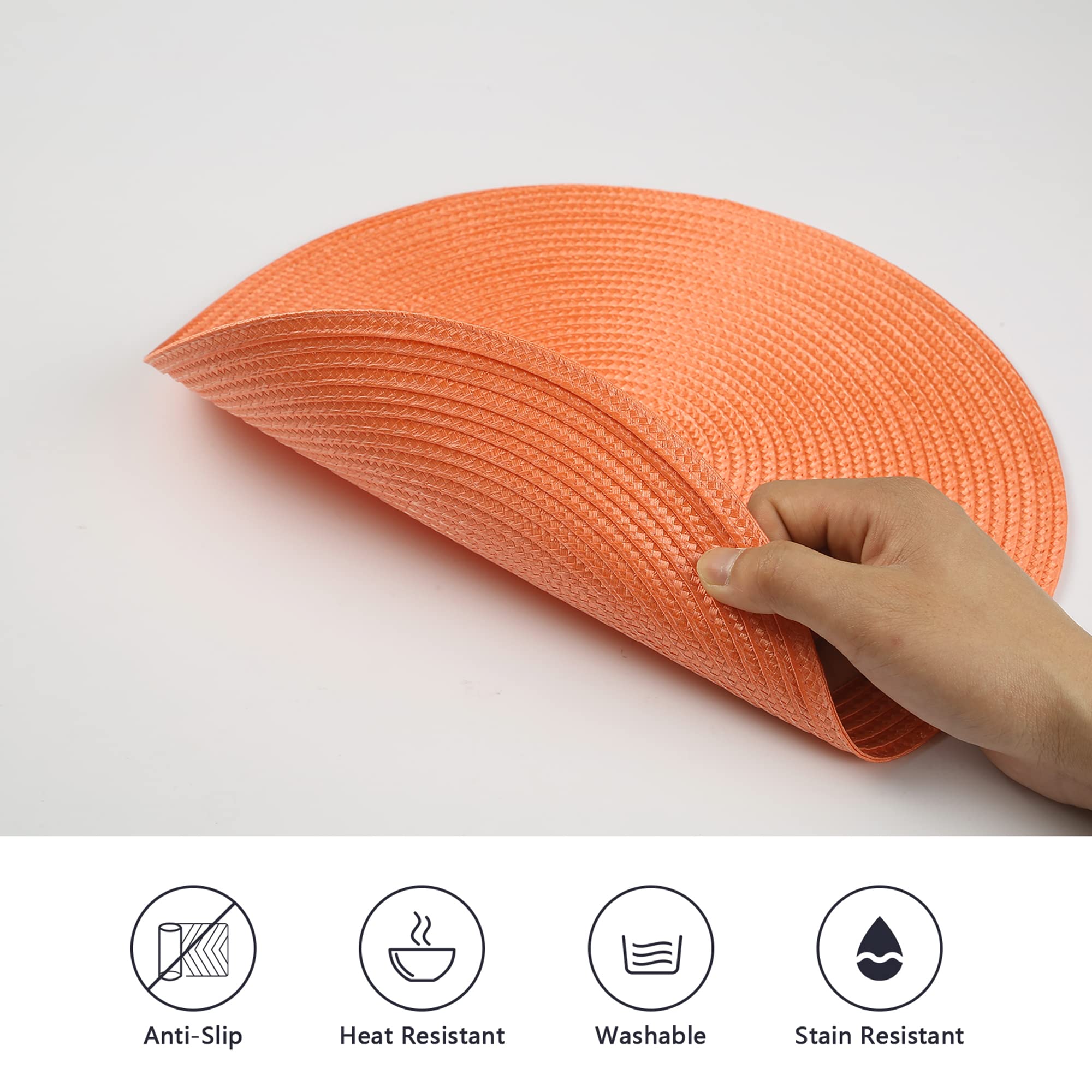 Wanyd Placemats,Round Placemats Set Of 6,12.6 Inch,Small Placemats Heat Resistant Washable Round Table Mats,Orange