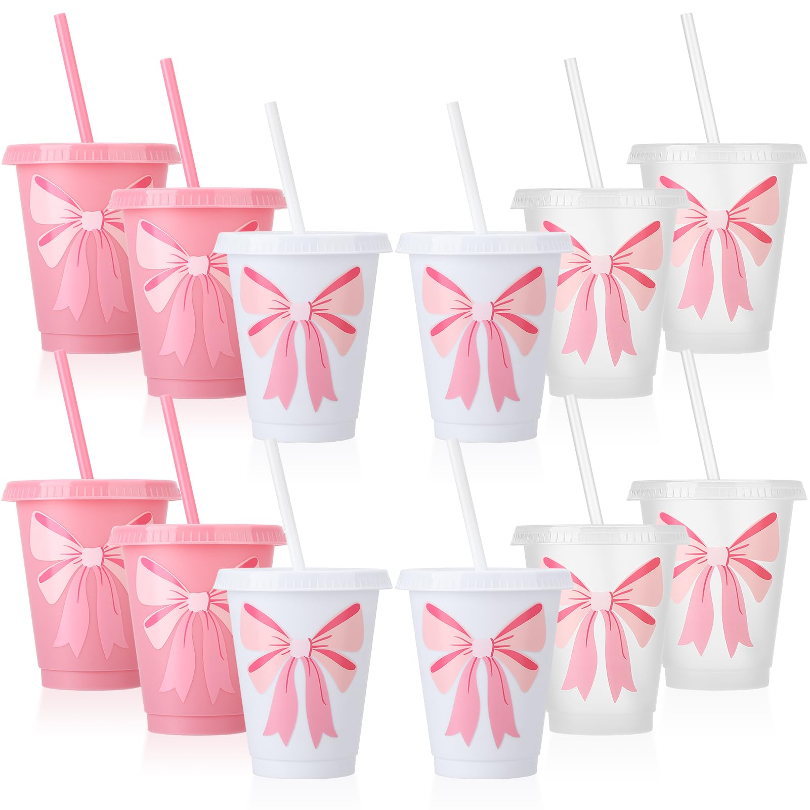 Ovveroche 12 Pcs Pink Bow Cups with Lids and Straws, 16 OZ Reusable Tumbler Plastic Cups for Baby Shower Wedding Bridal Birthday