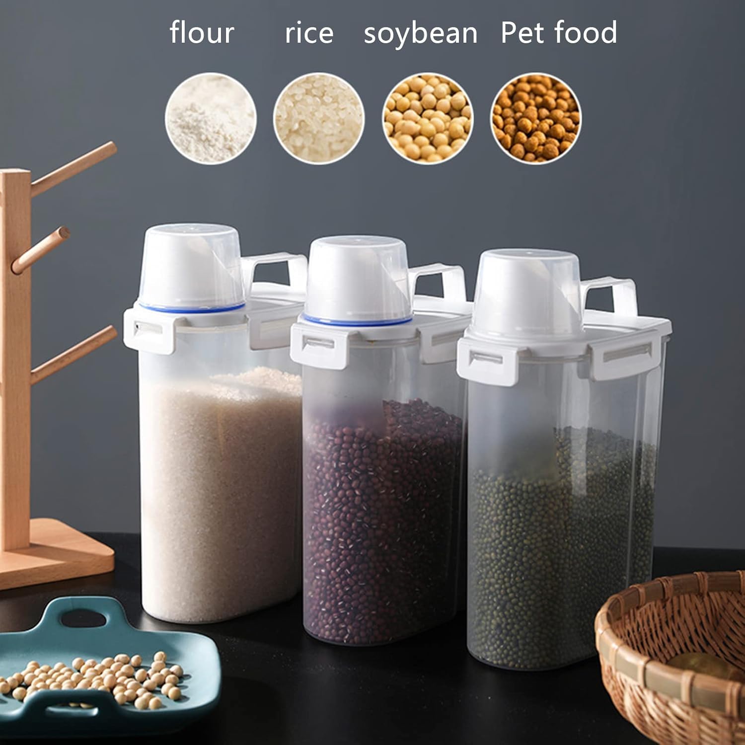 5.5 Lbs Rice Airtight Dry Food Storage Container Set Of 4, Rice Storage Bin Cereal Containers Dispenser, Thicken Plastic Clear F