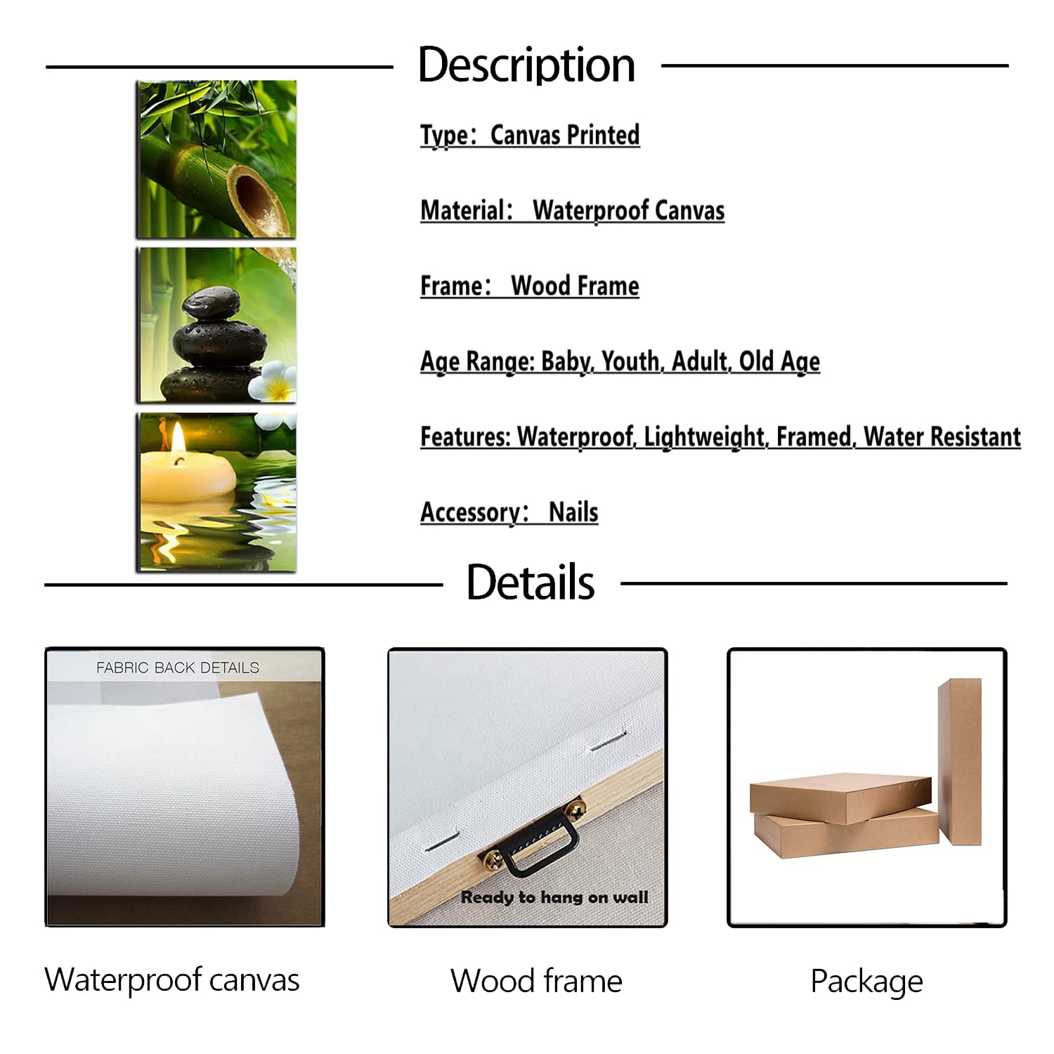 Taomi Bamboo Wall Art For Bathroom Zen Stone Canvas Painting Contemporary Bamb   Meditation Yoga Wall Decor Spa Natural Green Pl