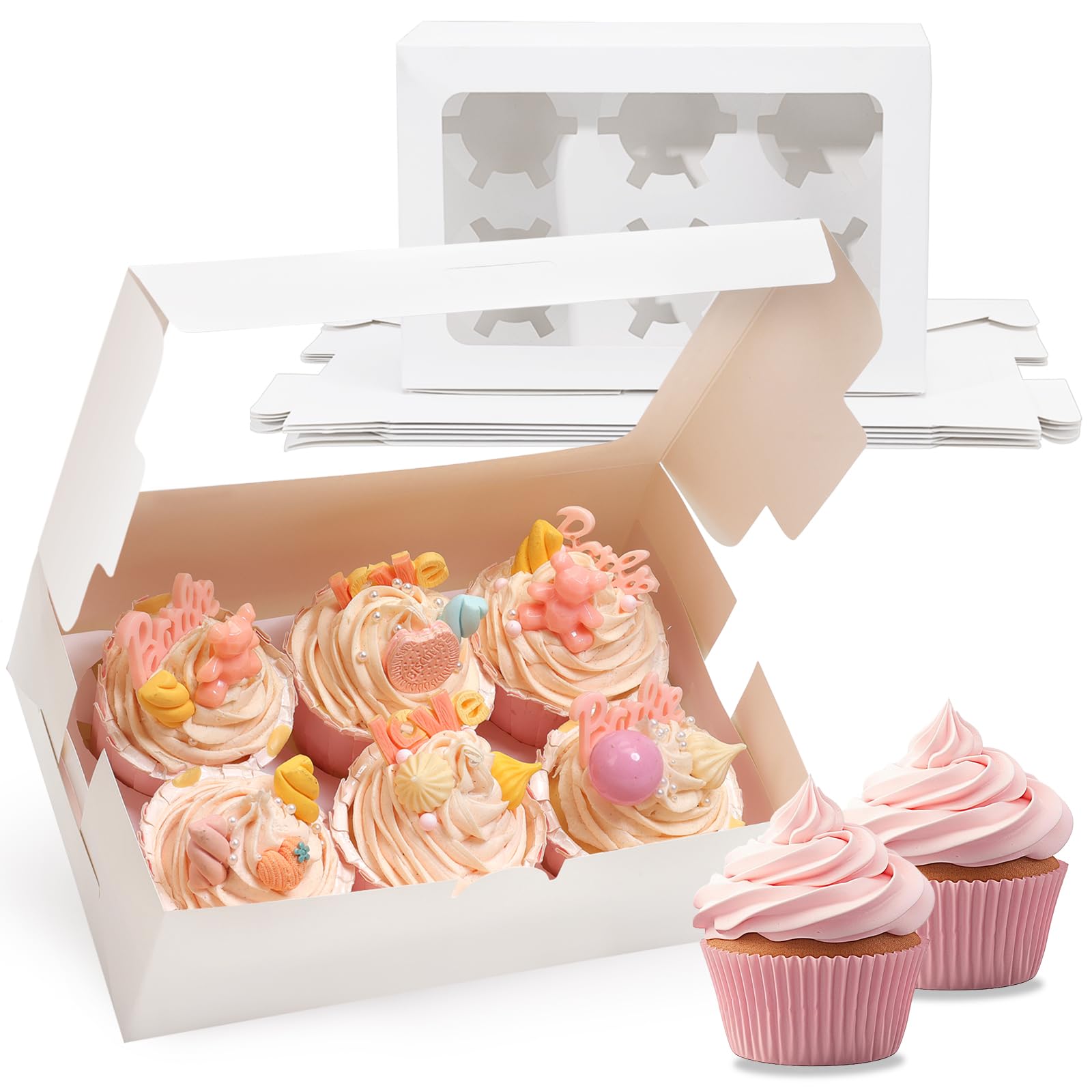 TOMNK 6 Count White Cupcake Boxes with Window - 36 Total Capacity Cupcake Carrier Sets for Birthday Holiday Party Bakery Supplie
