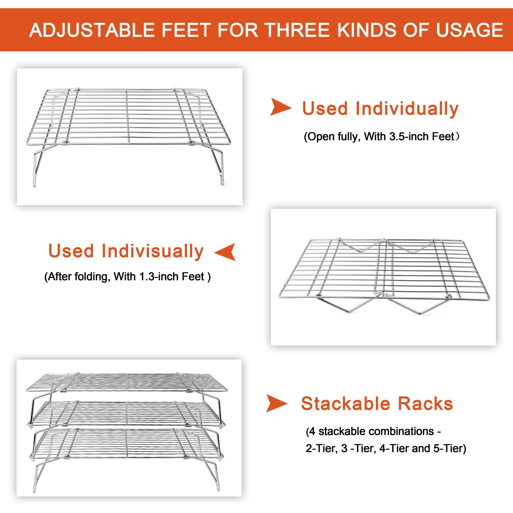 P&P Chef Cooling Rack, 5-Tier Stainless Steel Stackable Baking Cooking Racks For Cooling Roasting Grilling, Collapsible & Heavy