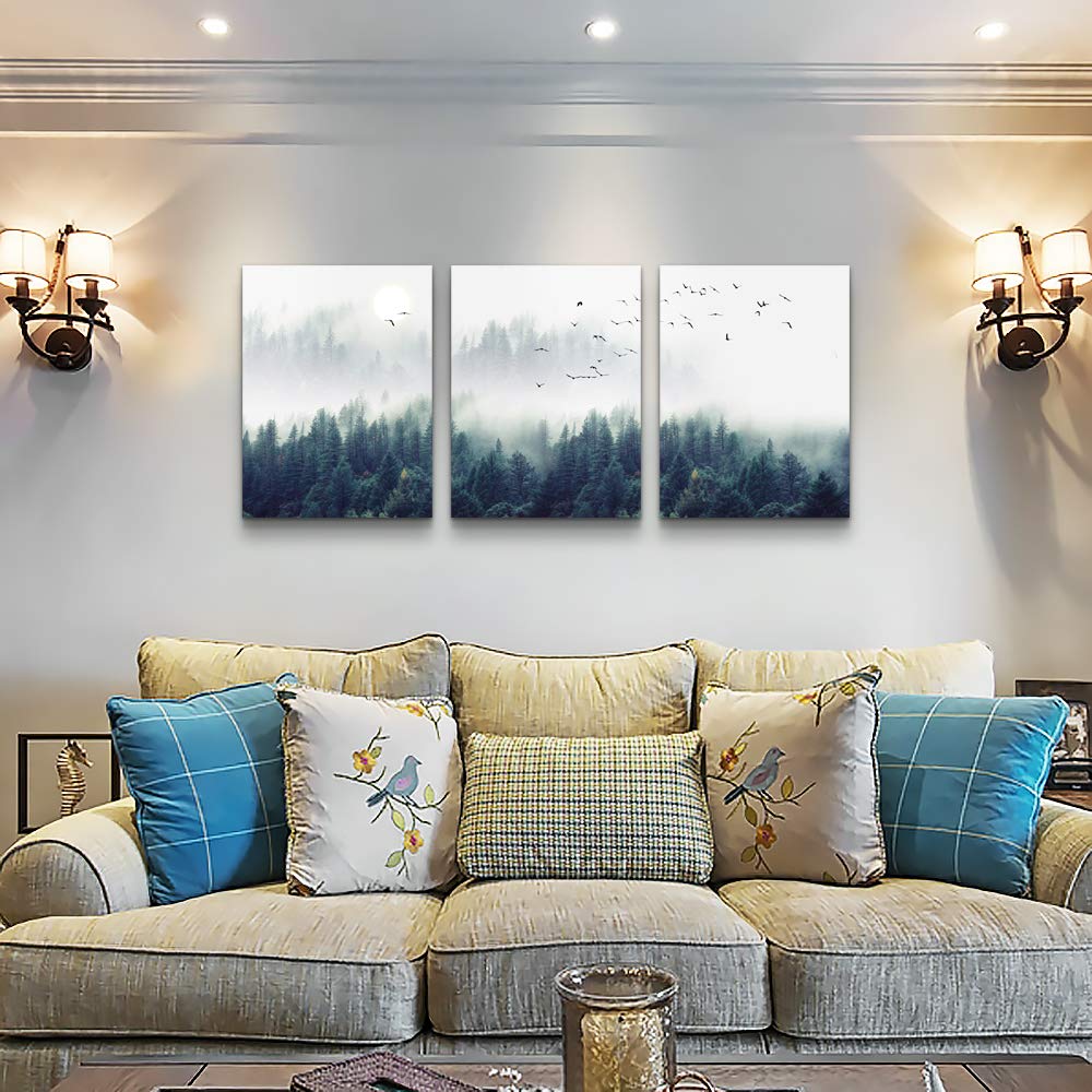 3 Piece Canvas Wall Art For Living Room- Wall Decorations For Bedroom Foggy Forest Trees Landscape Painting- Modern Home Decor Stretched And Framed Ready To Hang Pictures- 20''X28''X3 Panels Wall Decor