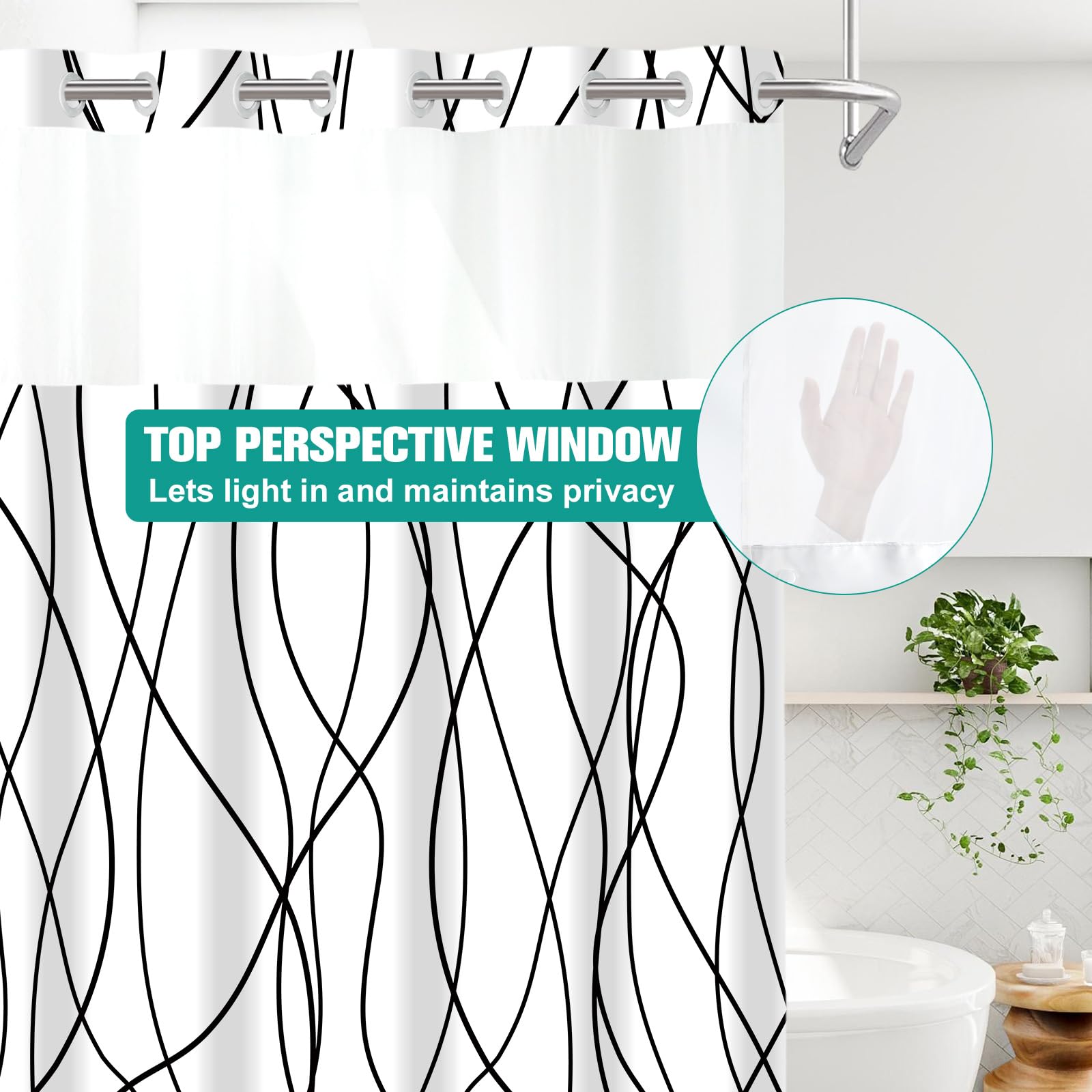 Lxbni No Hook Black And White Striped Shower Curtain With Snap In Fabric Liner Set - Hotel Shower Curtain And Liner Set With See