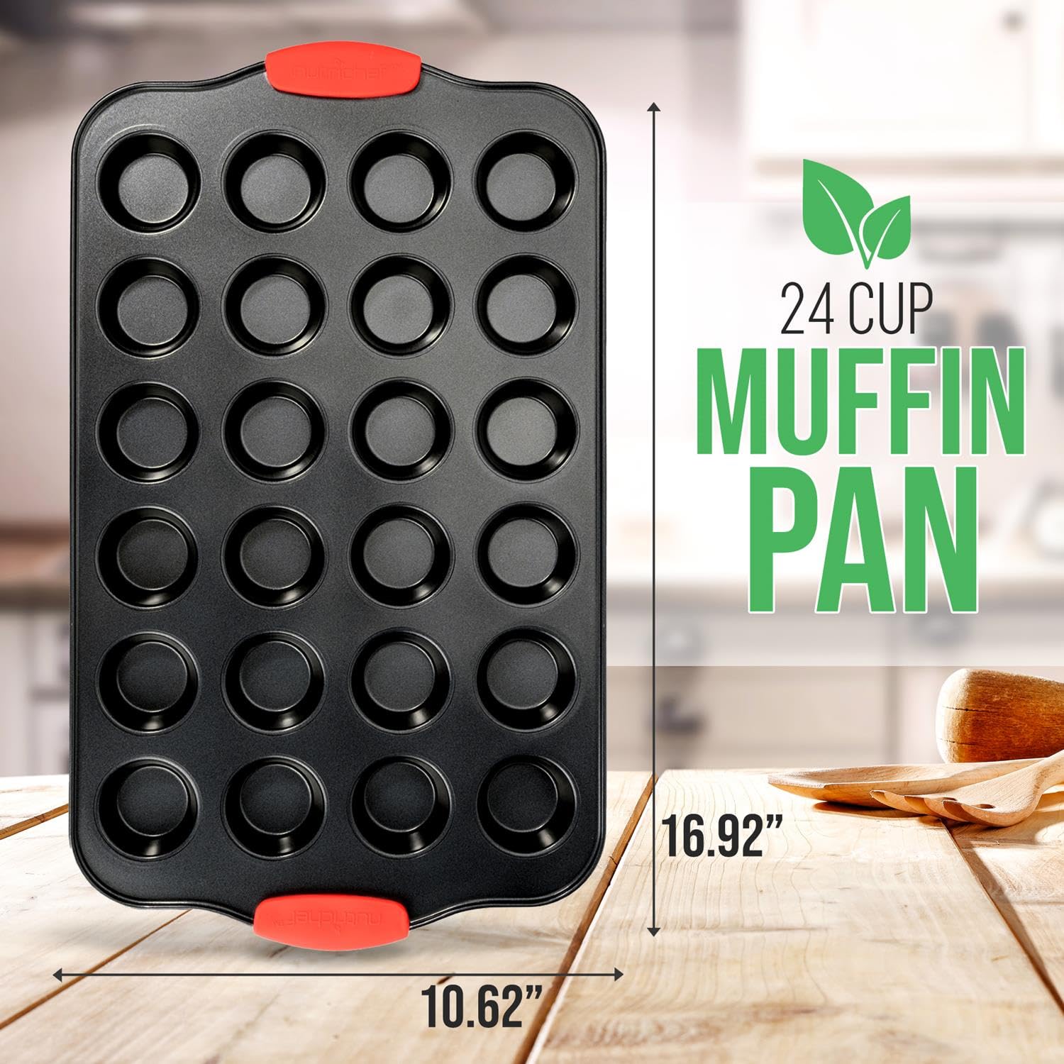 Nutrichef 24-Cup Nonstick Mini Muffin Pan With Red Silicone Handles - Carbon Steel Bakeware Tray For Savory & Sweet Treats - Dis