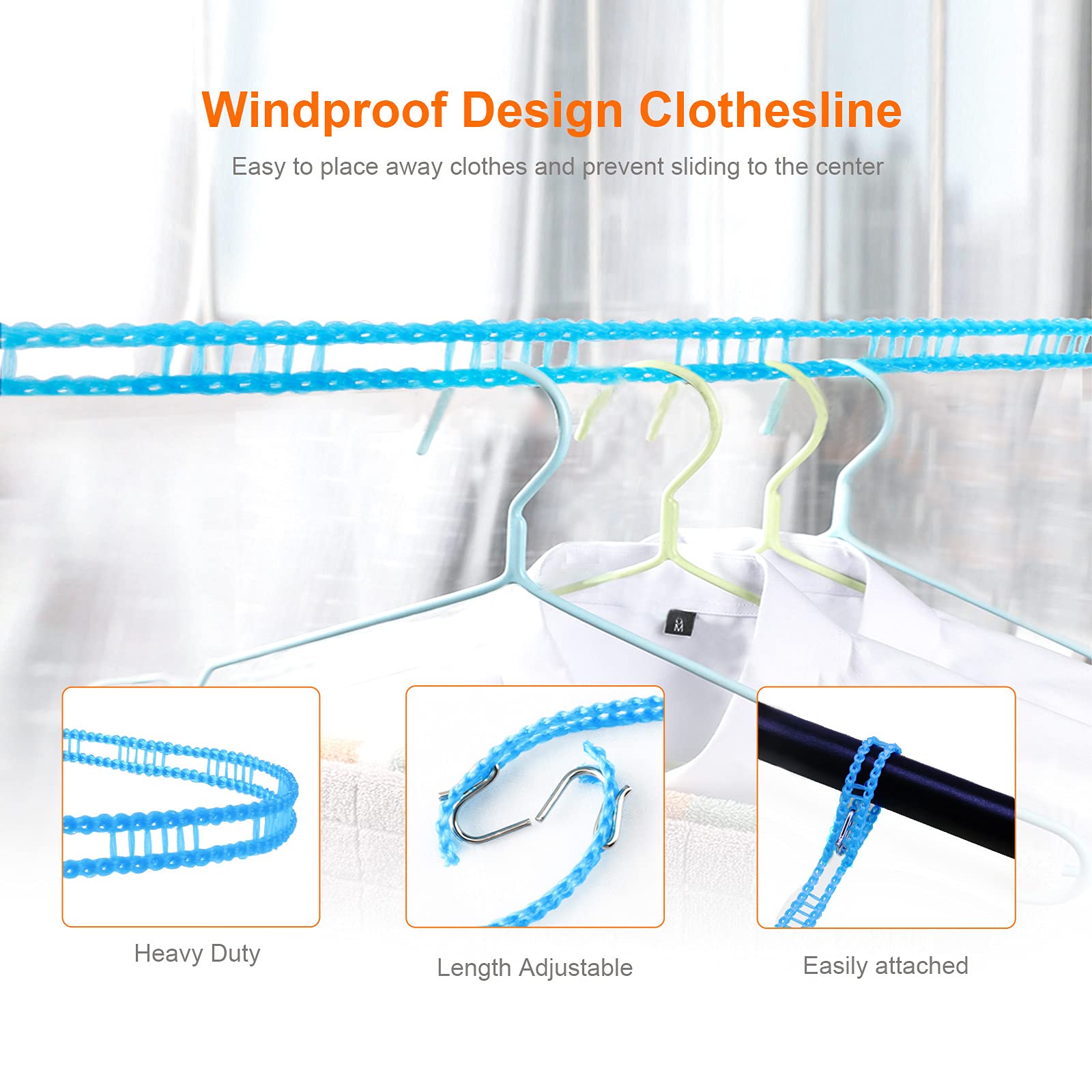 Hisafa 2 Pack Windproof Clothes Line With Hooks 16.4 Feet Blue Nylon Clothesline