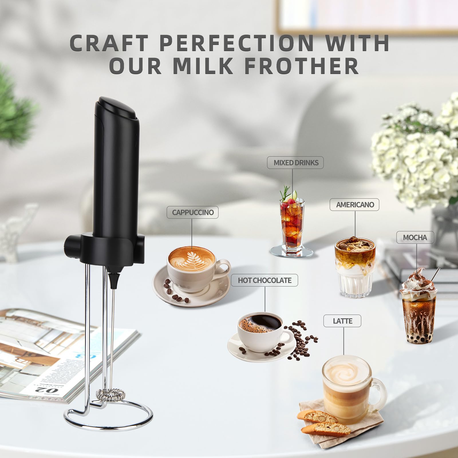 Winetell Rechargeable Handheld Electric Milk Frother With Usb C Charging Stand For Lattes- Powerful Whisk Drink Frother Wand For
