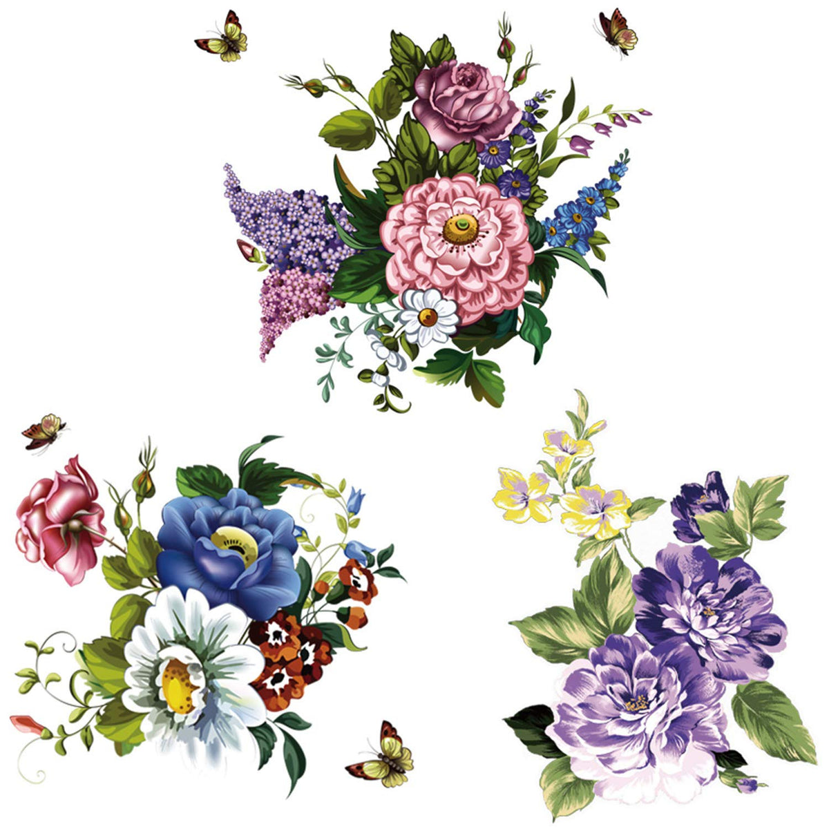 3Pcs Peony Rose Lavender Butterfly Flower Wall Stickers Beauty Flowers Decals Self Adhesive Removable Waterproof Vinyl Art Mural